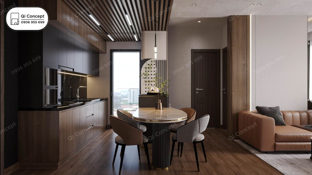 Không gian bếp và bàn ăn phong cách Taiwan - Thiết kế trần gỗ độc đáo.