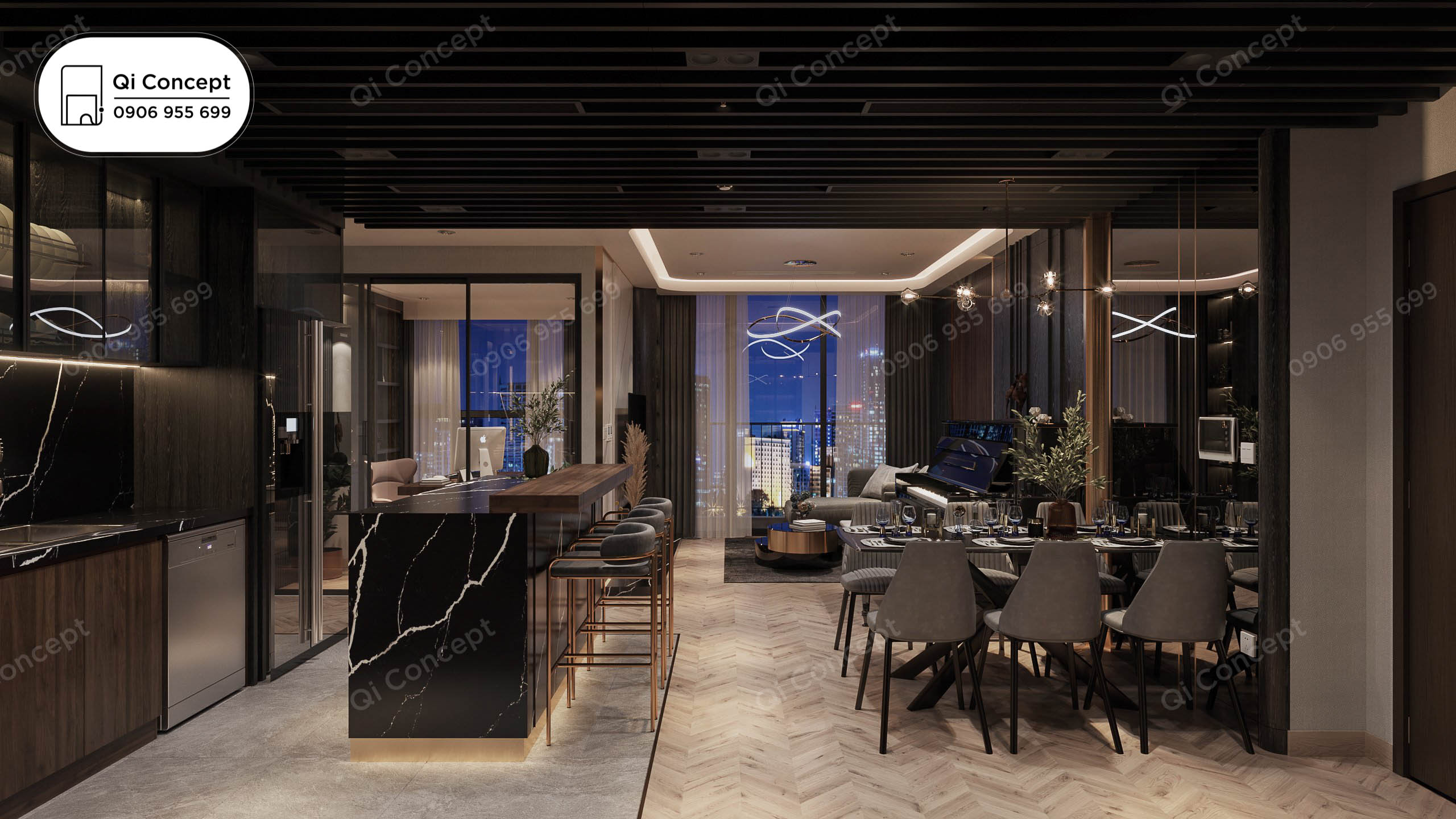 Nội thất căn hộ cao cấp phong cách Taiwan - Không gian phòng khách và bếp.