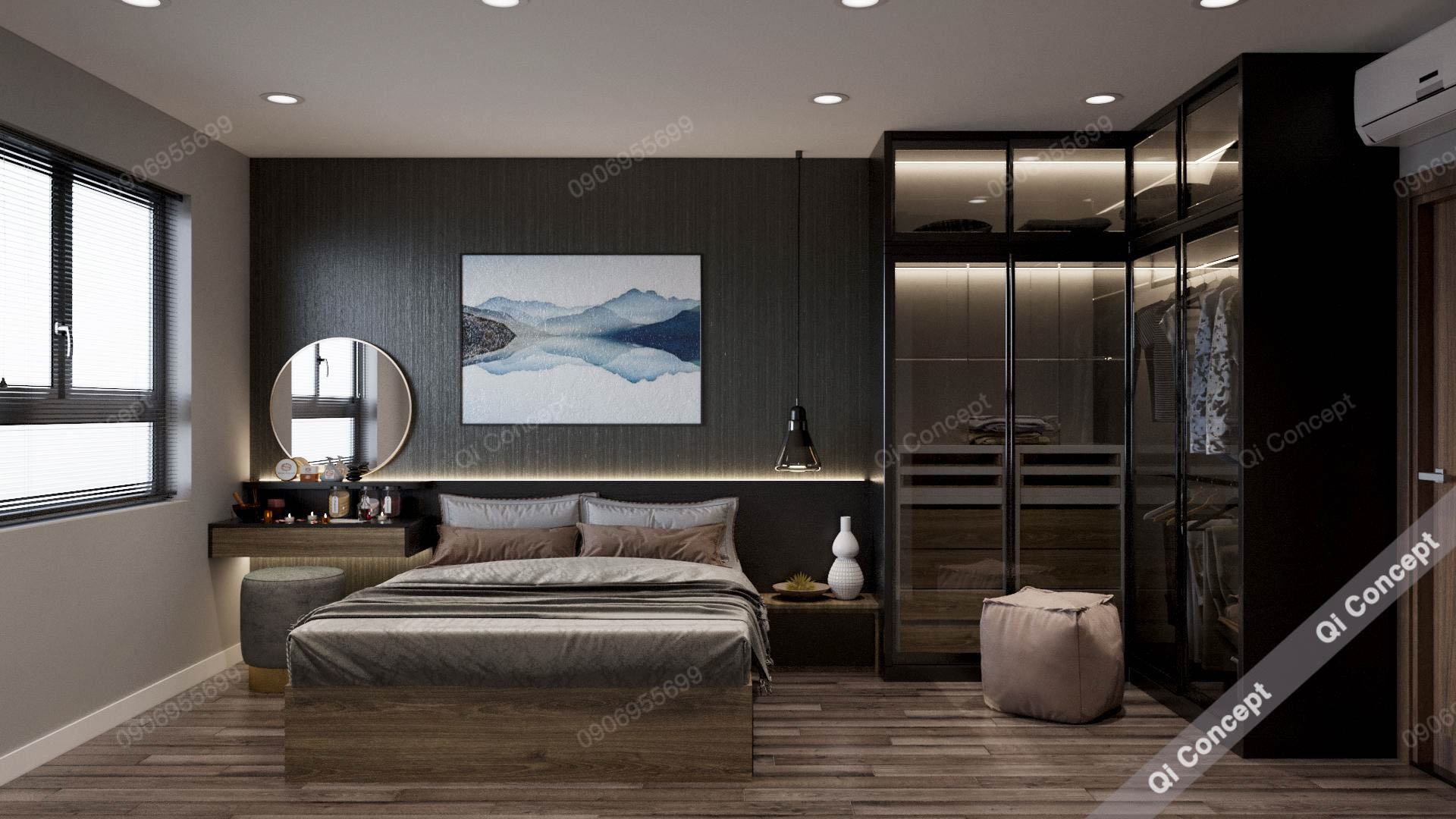 Phòng ngủ master phong cách Taiwan - Nội thất gỗ và tủ quần áo kính.