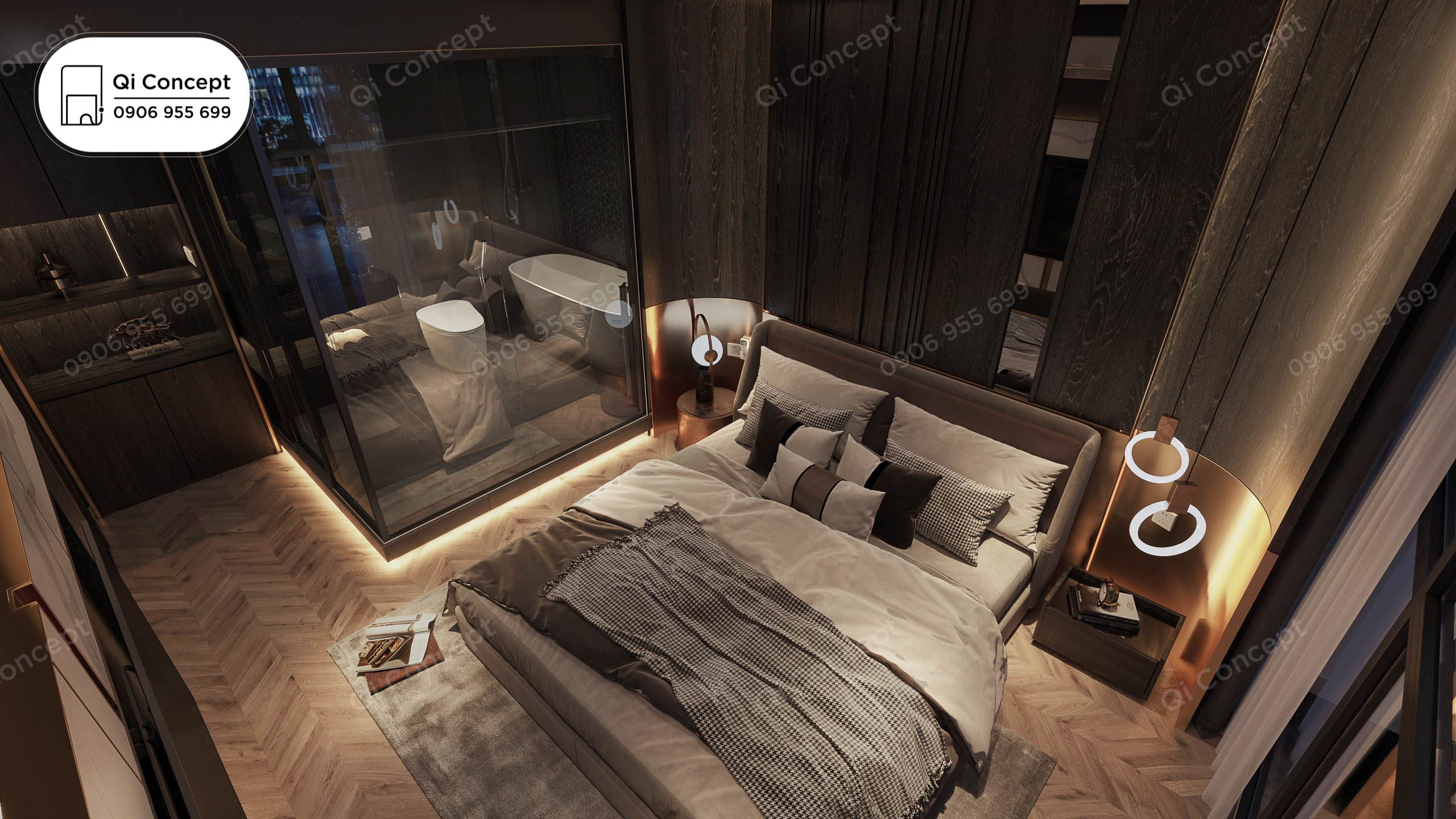 Phòng ngủ master phong cách Taiwan - Bồn tắm và tủ quần áo kính.