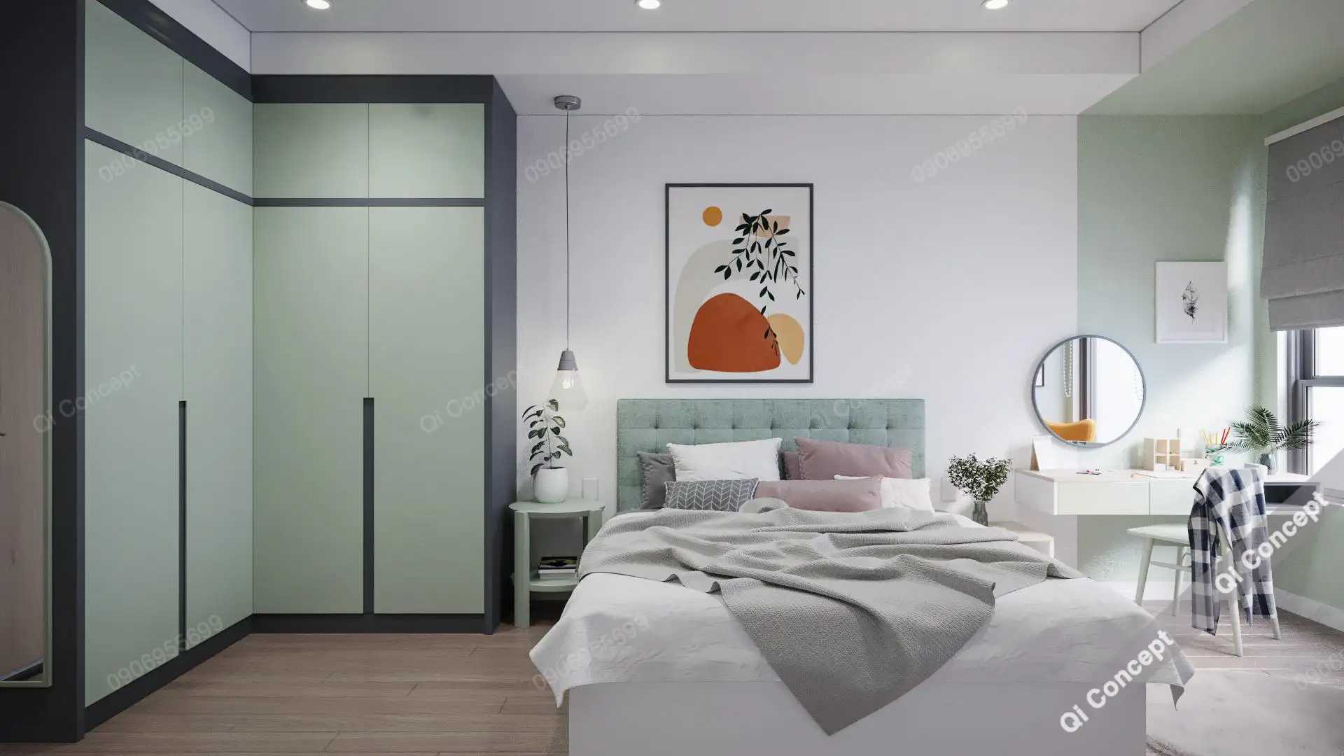 Nội thất phòng ngủ tone xanh của gia đình