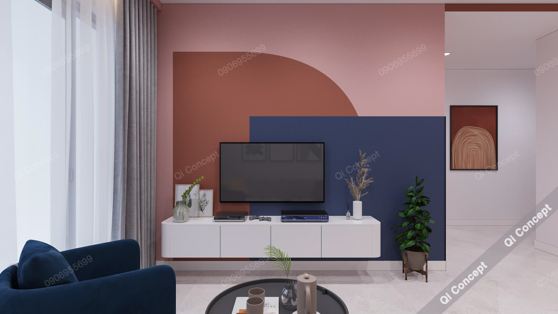 Thiết kế phòng khách phong cách Color Block - Vách tường tivi với mảng màu độc đáo.