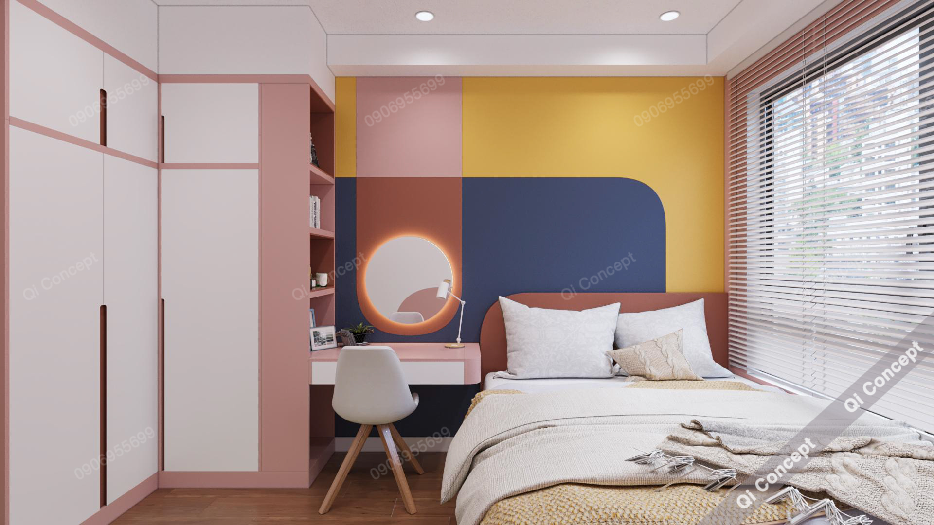 Thiết kế phòng ngủ Color Block - Tủ quần áo và bàn học.