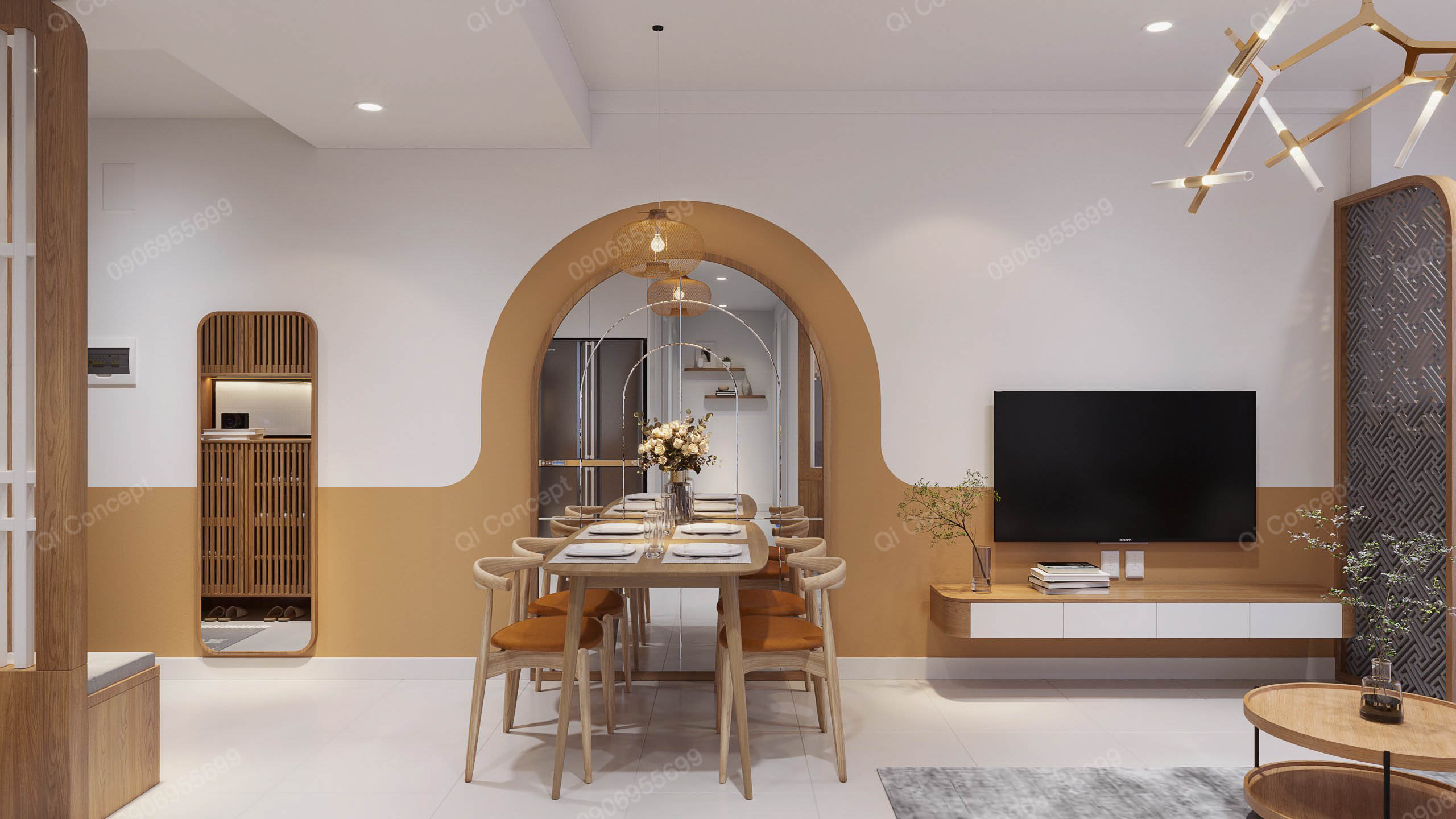 Phong cách thiết kế nội thất chung cư hiện đại, với không gian ăn uống ấm áp