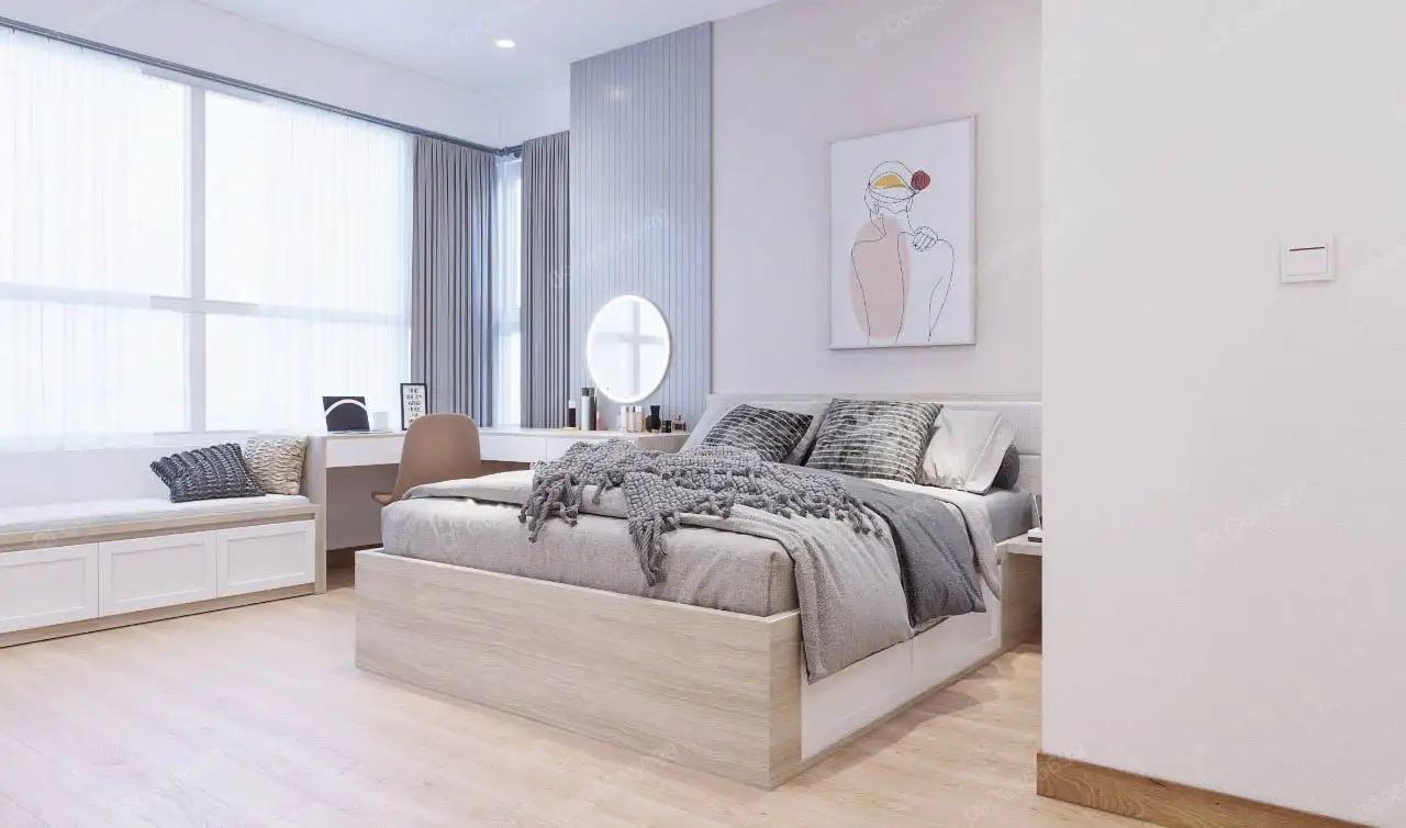 Tổng thể phòng ngủ master rộng rãi với đầy đủ tiện nghi trong thiết kế nội thất Saigon Pearl.