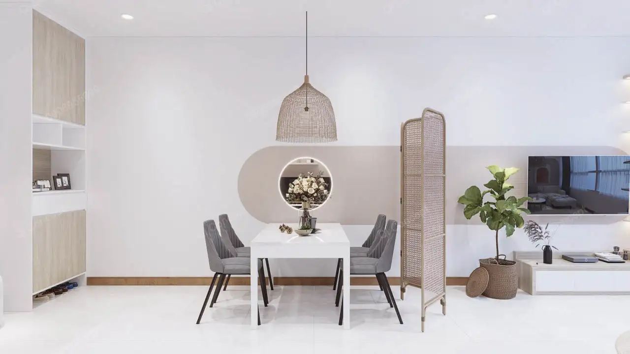 Bộ bàn ăn 4 ghế đơn giản dưới ánh đèn thả mây tre trong thiết kế nội thất Saigon Pearl.
