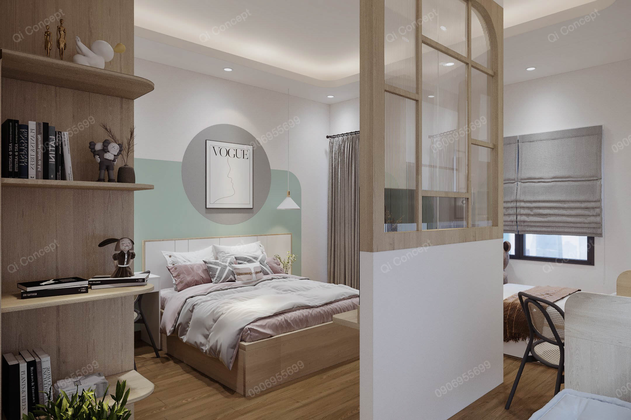 Phòng ngủ đôi phong cách thiết kế nhà phố Color Block Japandi