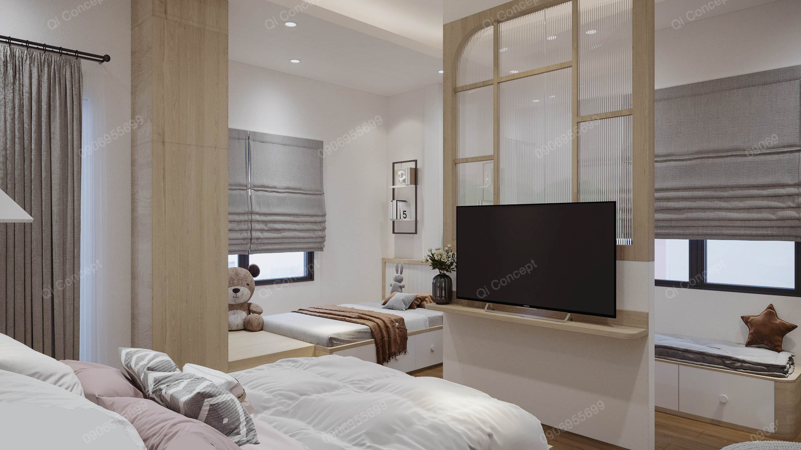 Phòng ngủ đôi phong cách thiết kế nhà phố Color Block Japandi