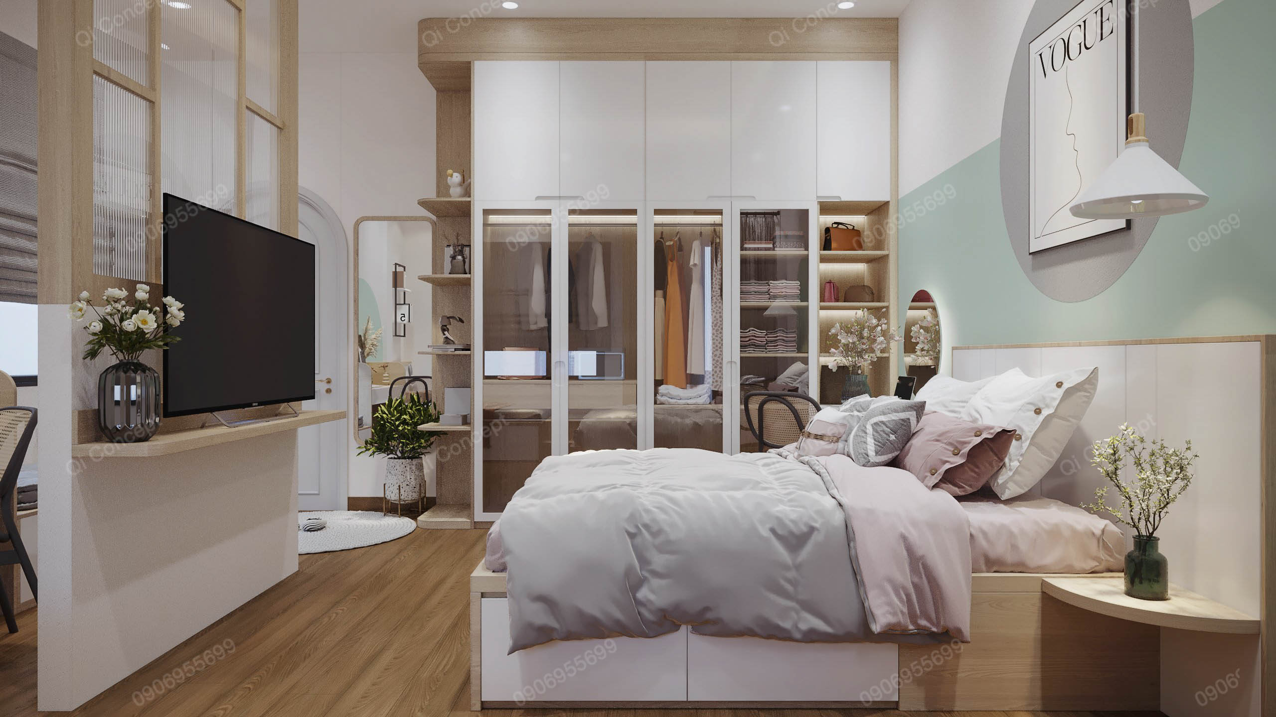 Phòng ngủ đôi phong cách thiết kế nhà phố Color Block Japandi