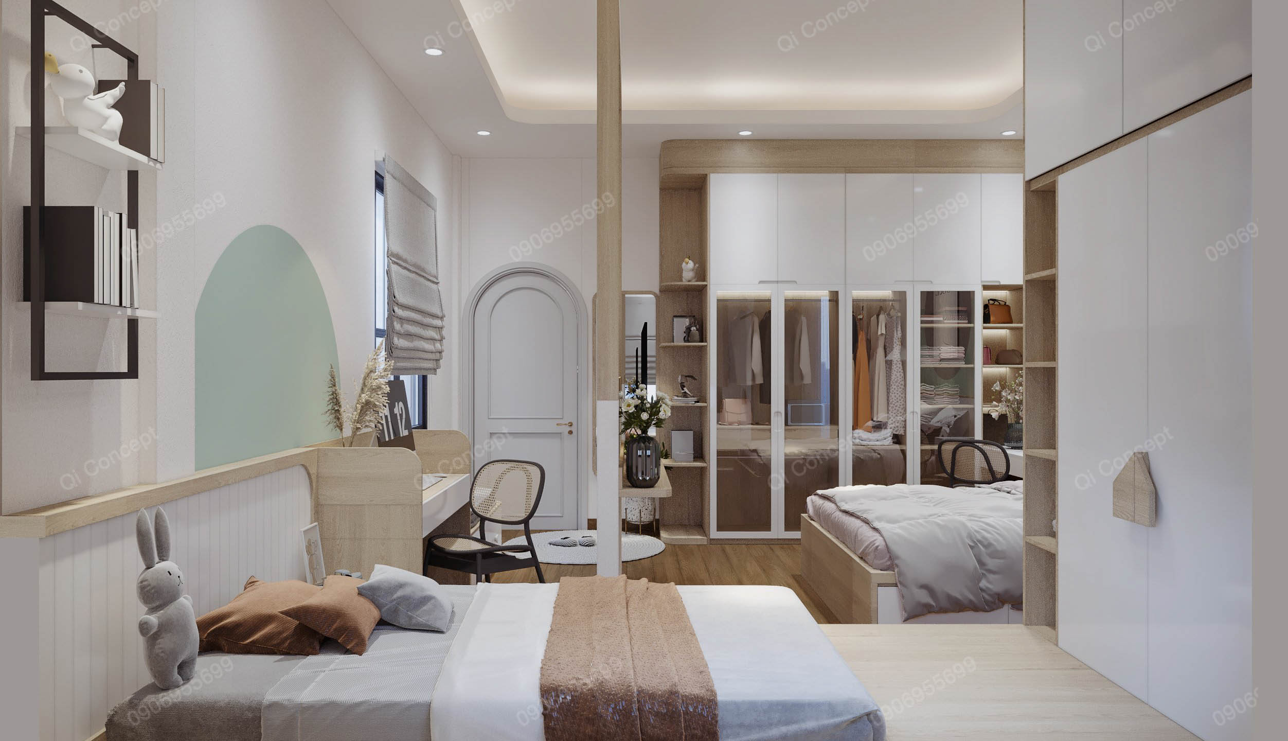 Phòng ngủ đôi phong cách thiết kế nhà phố Color Block Japandi