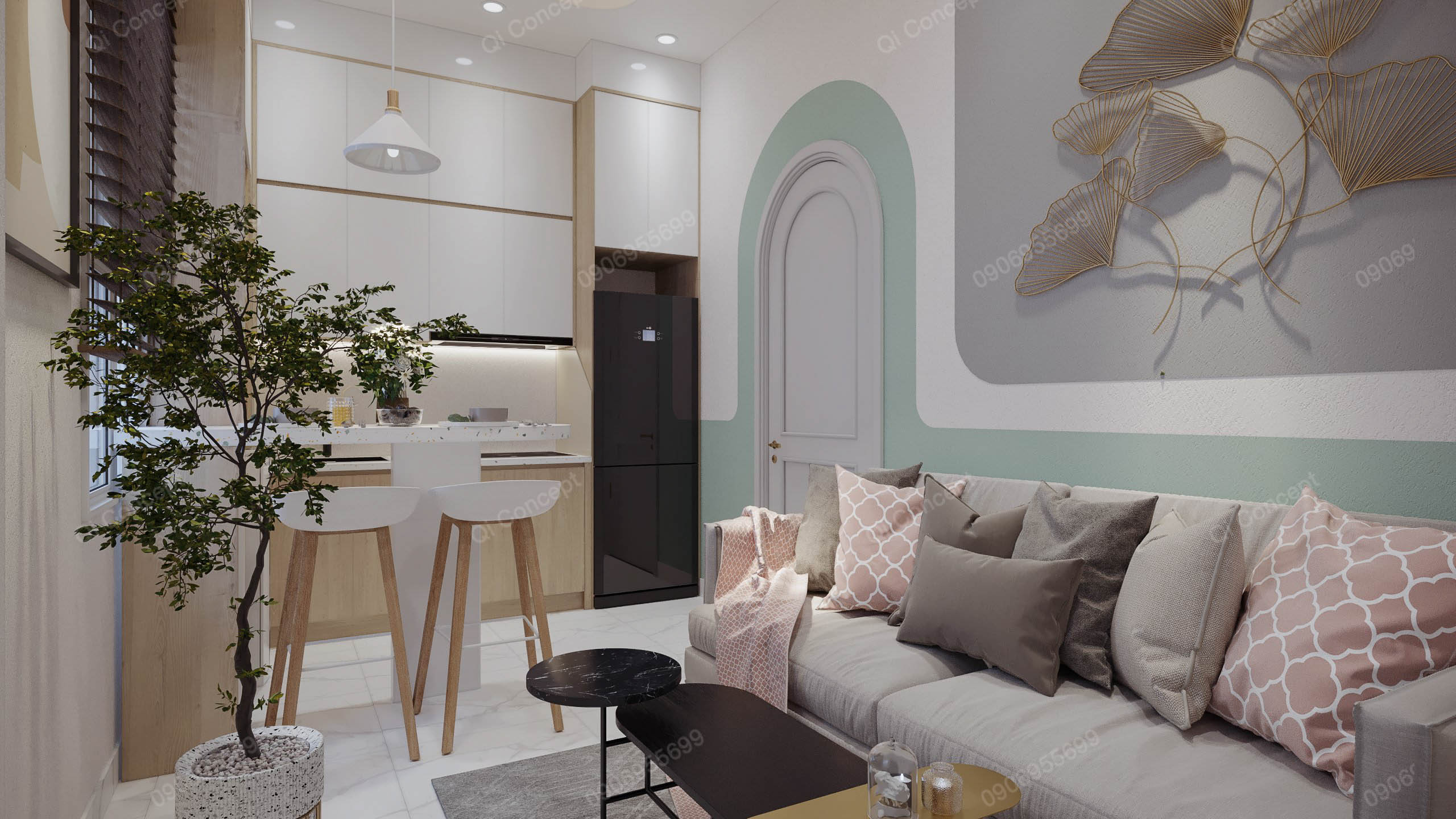 Phòng khách phong cách thiết kế nhà phố Color Block Japandi