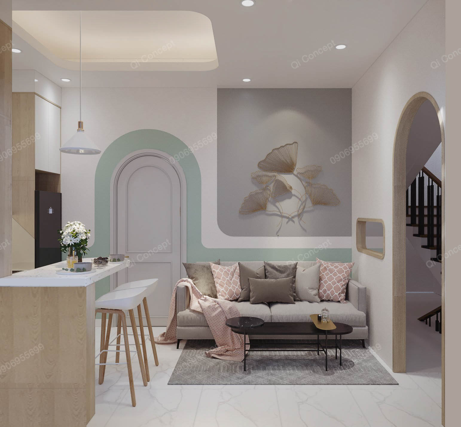 Phòng khách phong cách thiết kế nhà phố Color Block Japandi