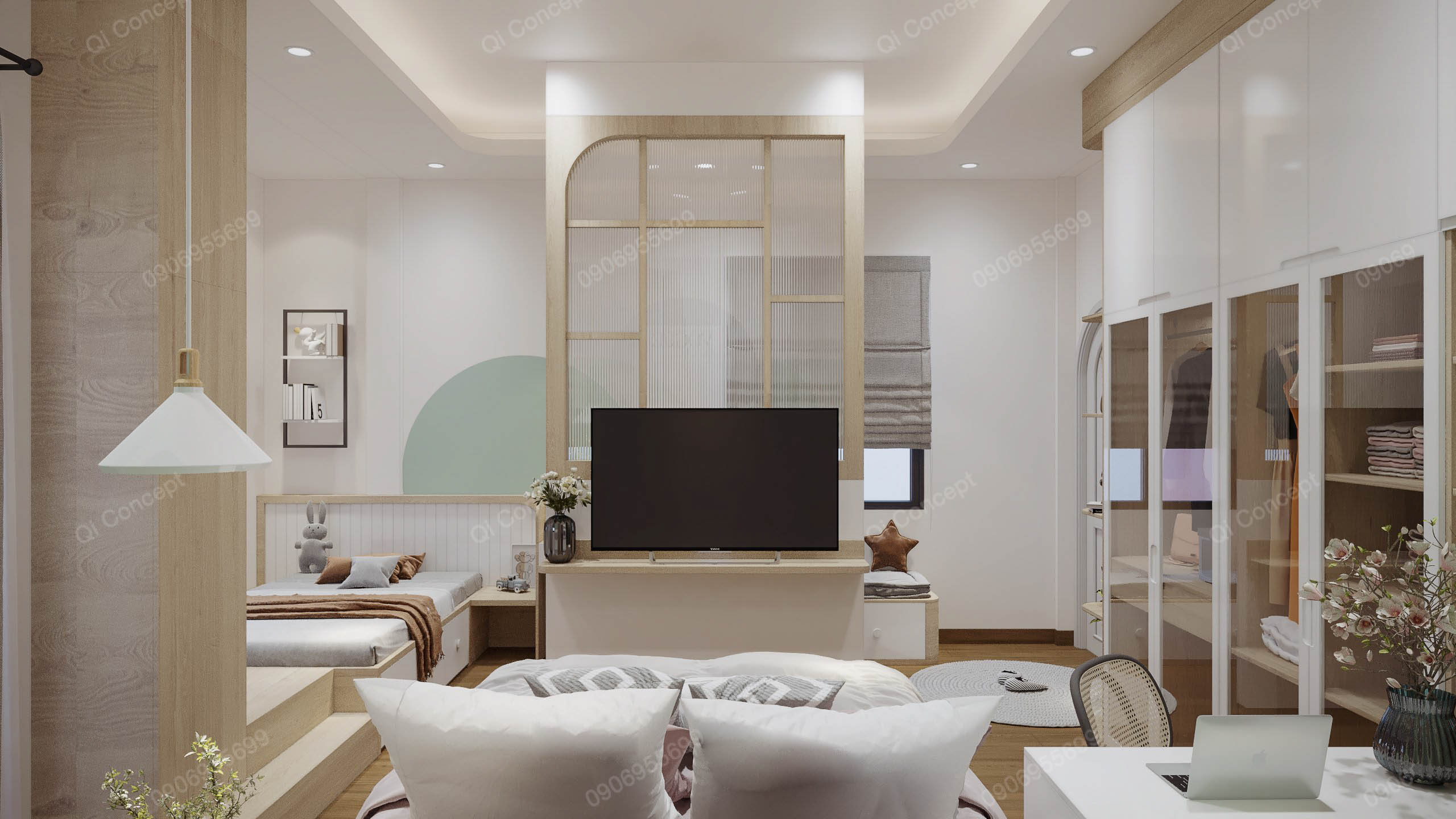 Phòng ngủ đôi phong cách thiết kế nhà phố Color Block Japandi