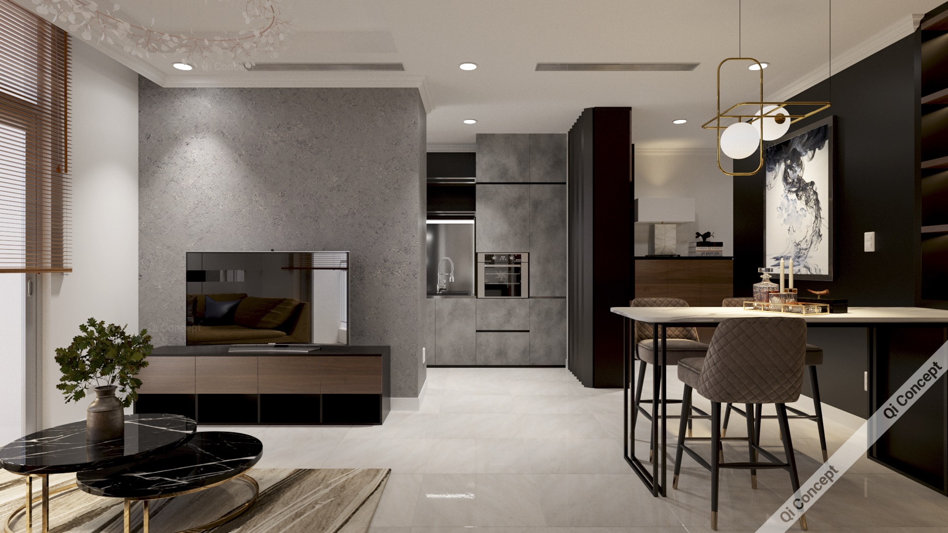 Thiết kế phòng khách và bếp Phong Cách Nội Thất Industrial.