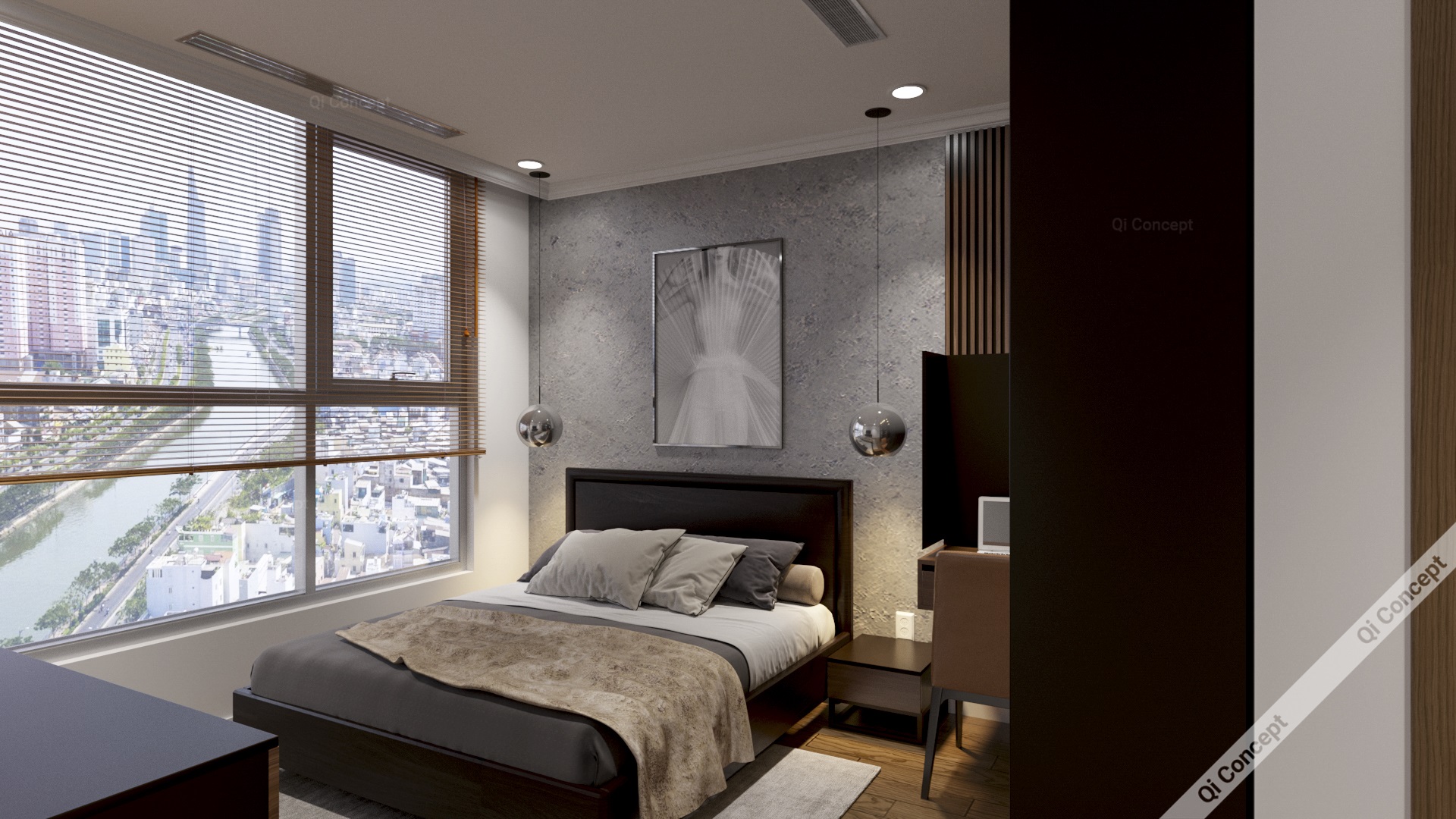 Thiết kế phòng ngủ Phong Cách Nội Thất Industrial - Tường bê tông và cửa sổ lớn.