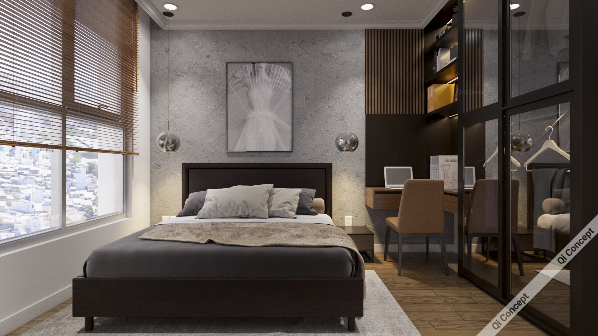 Phòng ngủ Phong Cách Nội Thất Industrial - Tủ quần áo kính và bàn làm việc.