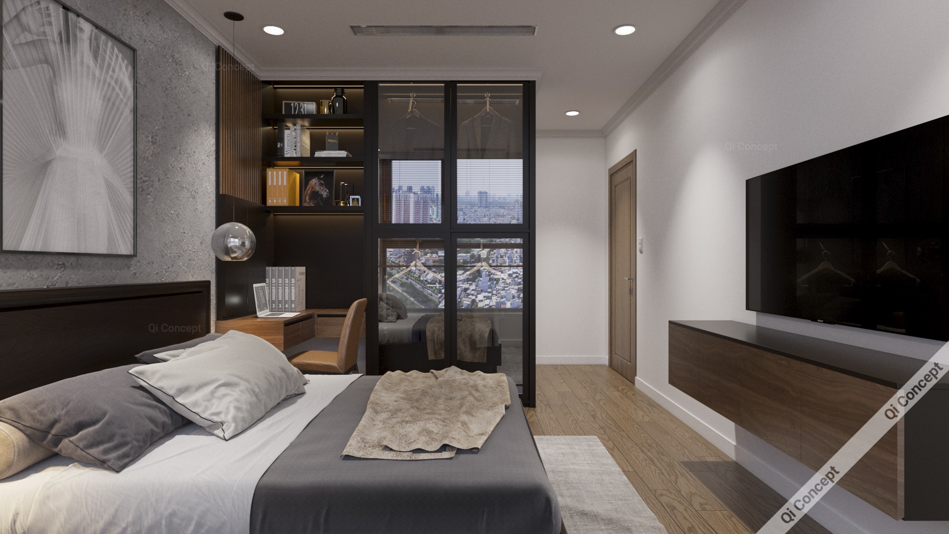 Nội thất phòng ngủ Phong Cách Nội Thất Industrial - Kệ sách và bàn làm việc.