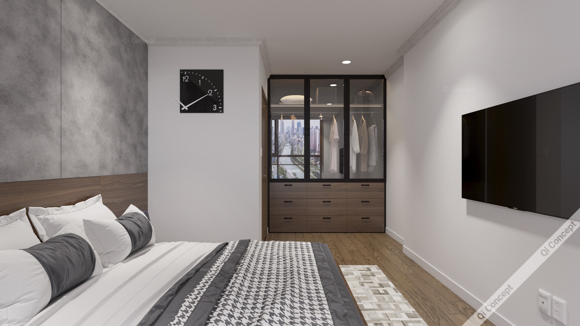 Phòng ngủ Phong Cách Nội Thất Industrial - Tủ quần áo gỗ và kính.