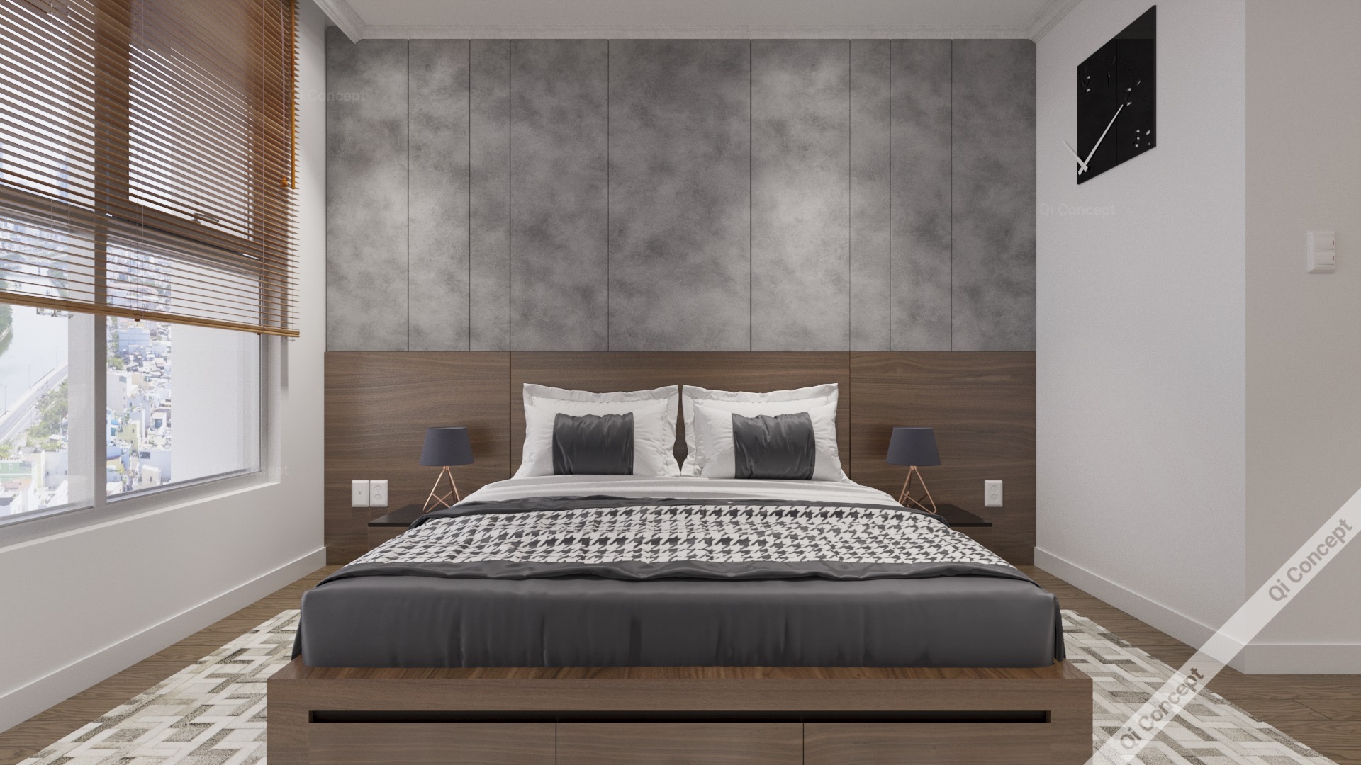 Phòng ngủ Phong Cách Nội Thất Industrial - Giường gỗ và mảng tường bê tông.