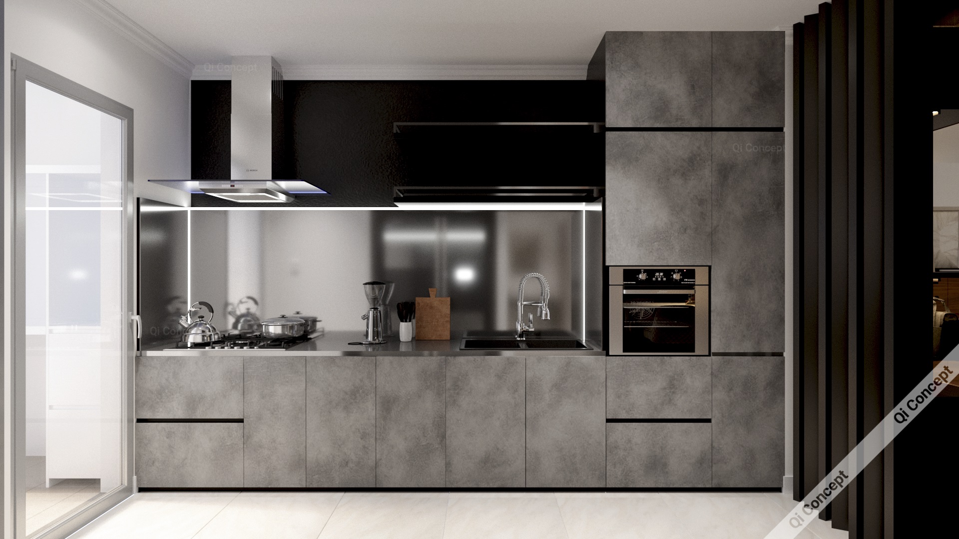 Thiết kế phòng bếp Phong Cách Nội Thất Industrial - Tủ bếp bê tông và thép không gỉ.