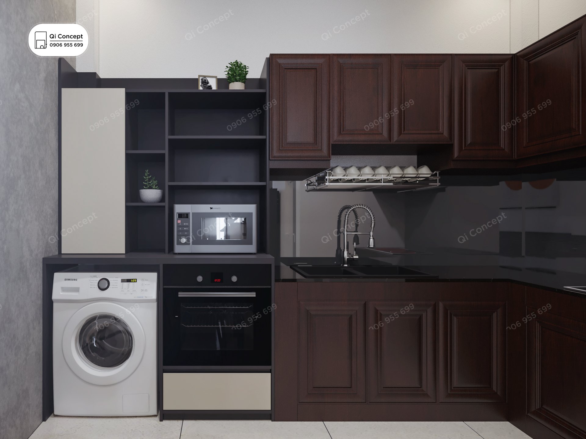 Khu vực bếp Phong Cách Nội Thất Industrial - Tủ bếp màu nâu và tường xi măng.