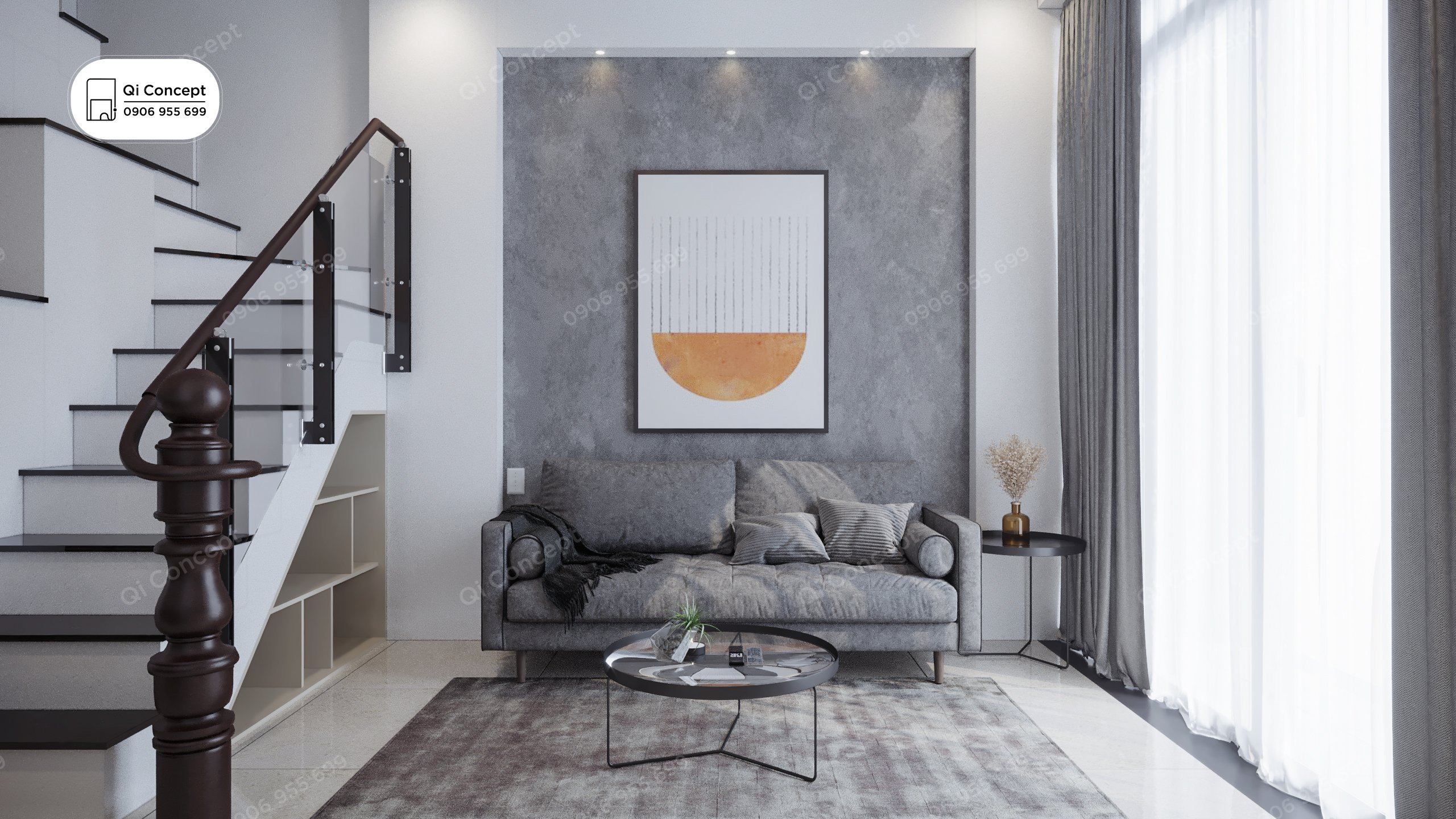 Thiết kế phòng khách nhà ống Phong Cách Nội Thất Industrial.