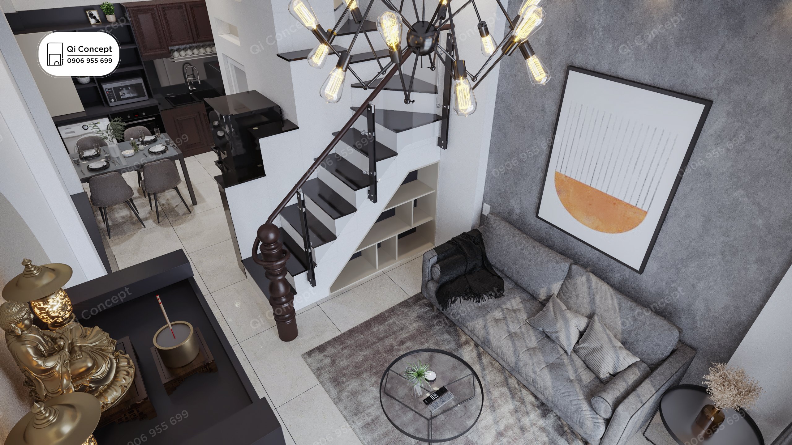 Nội thất nhà ống Phong Cách Nội Thất Industrial - Tổng quan từ trên cao.