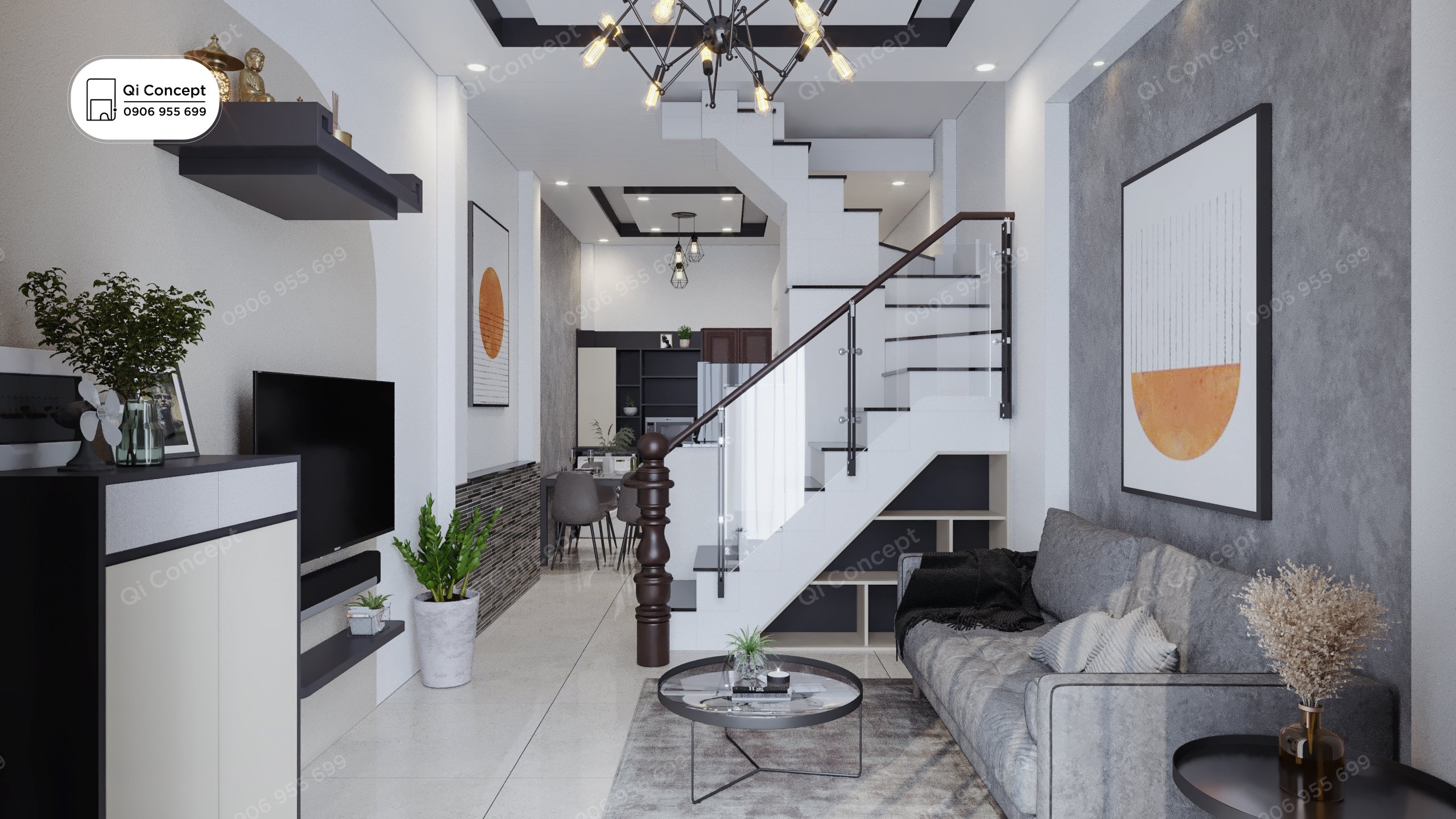 Phòng khách và cầu thang Phong Cách Nội Thất Industrial - Nhà phố.