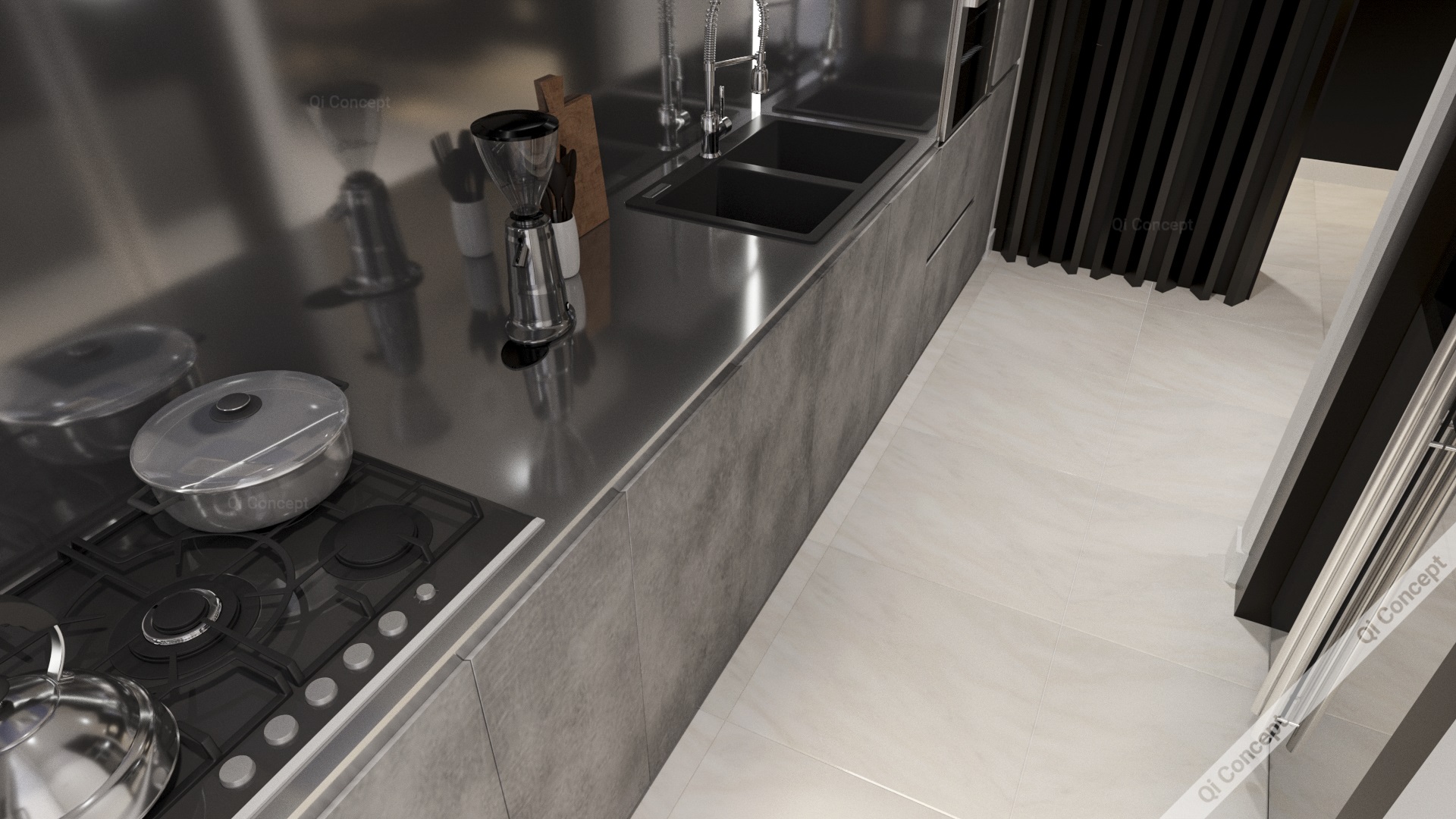 Bàn bếp Phong Cách Nội Thất Industrial - Mặt bếp kim loại và bếp gas.