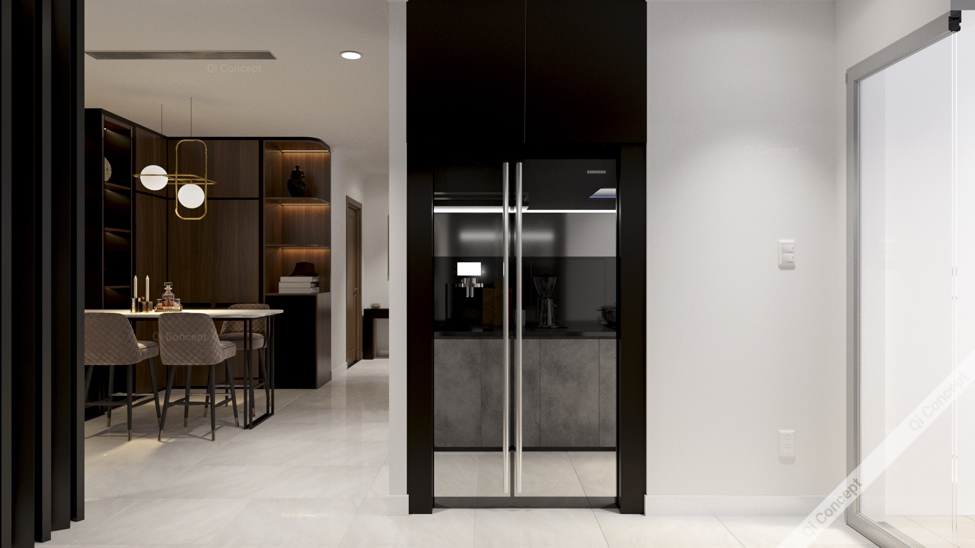 Khu vực bàn ăn Phong Cách Nội Thất Industrial - Tủ lạnh tích hợp.