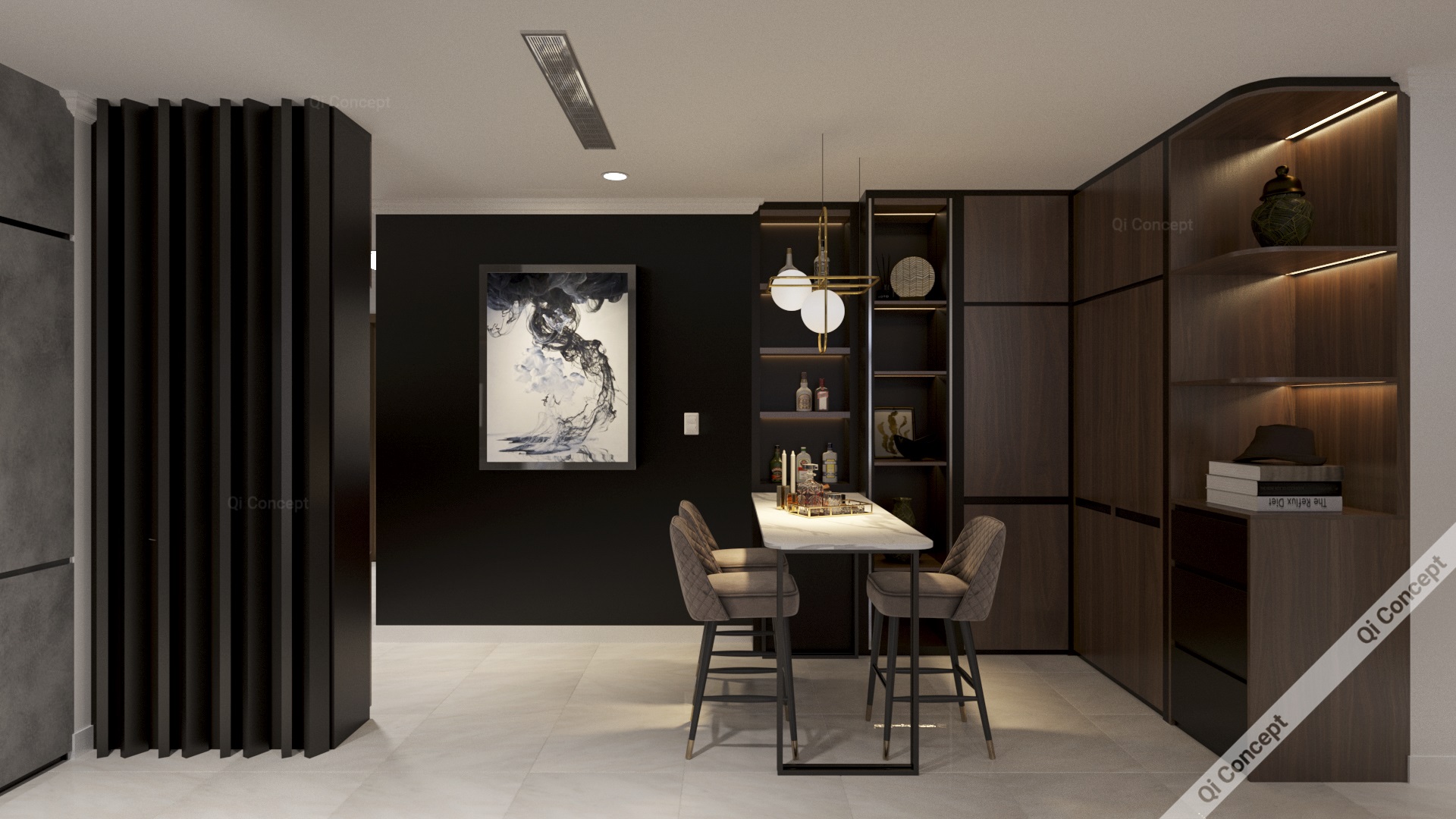 Thiết kế bàn ăn Phong Cách Nội Thất Industrial - Tủ trang trí và đèn độc đáo.