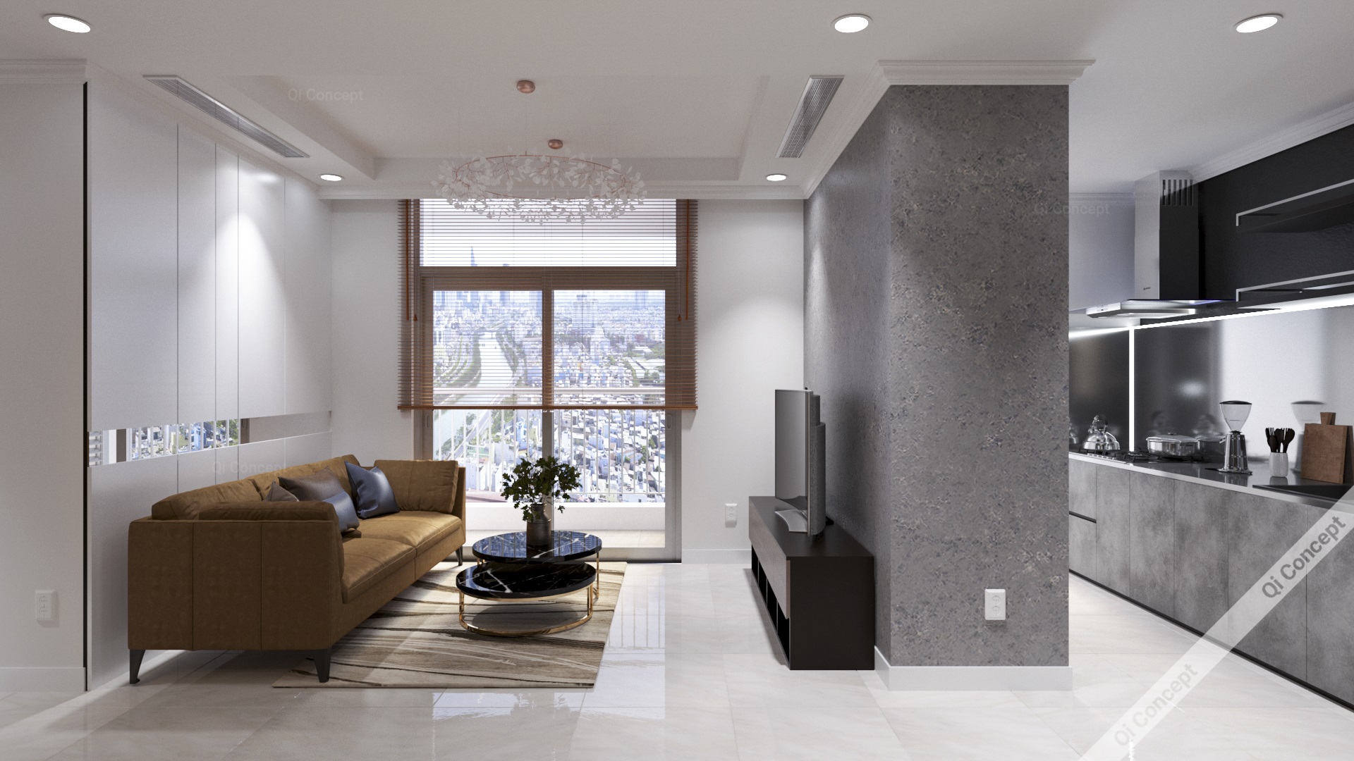 Phòng khách Phong Cách Nội Thất Industrial - Tường xi măng và sofa nâu.