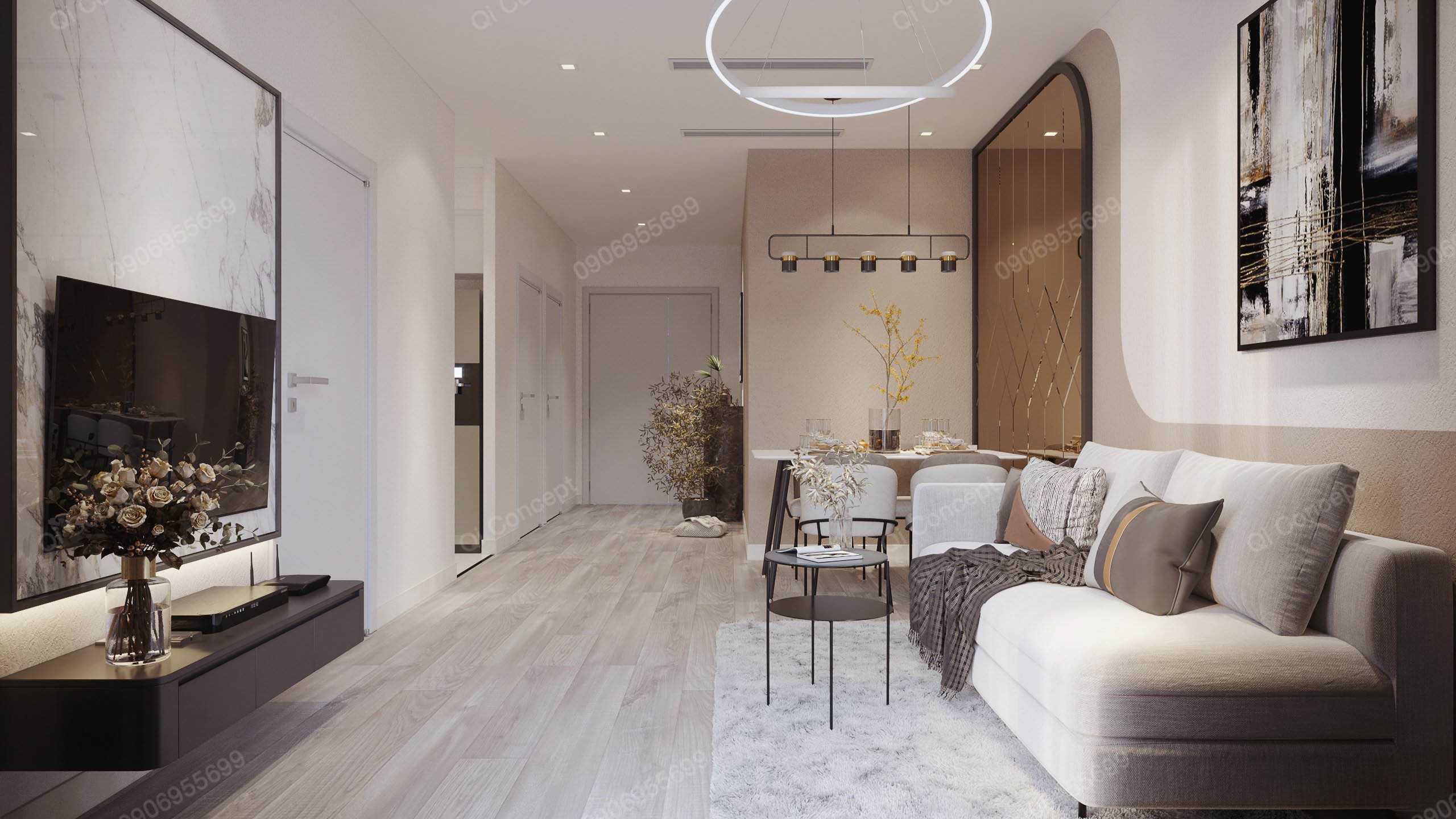 Thiết kế nội thất chung cư 60m2 với không gian mở, sofa màu be và sàn gỗ sáng màu.