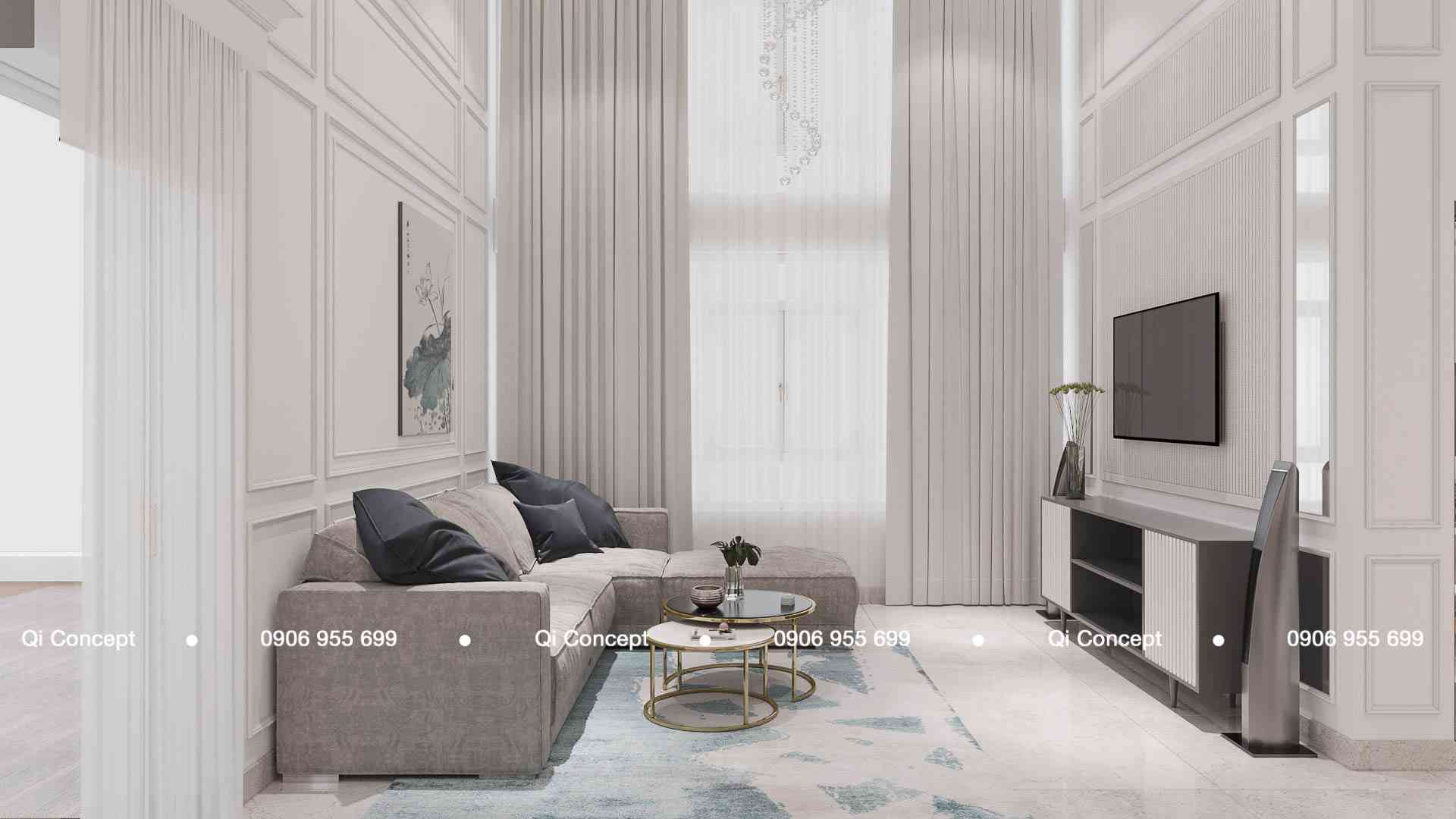 Đèn chùm thả trần kích thước lớn trang trí phòng khách thiết kế căn hộ Phú Hoàng Anh.