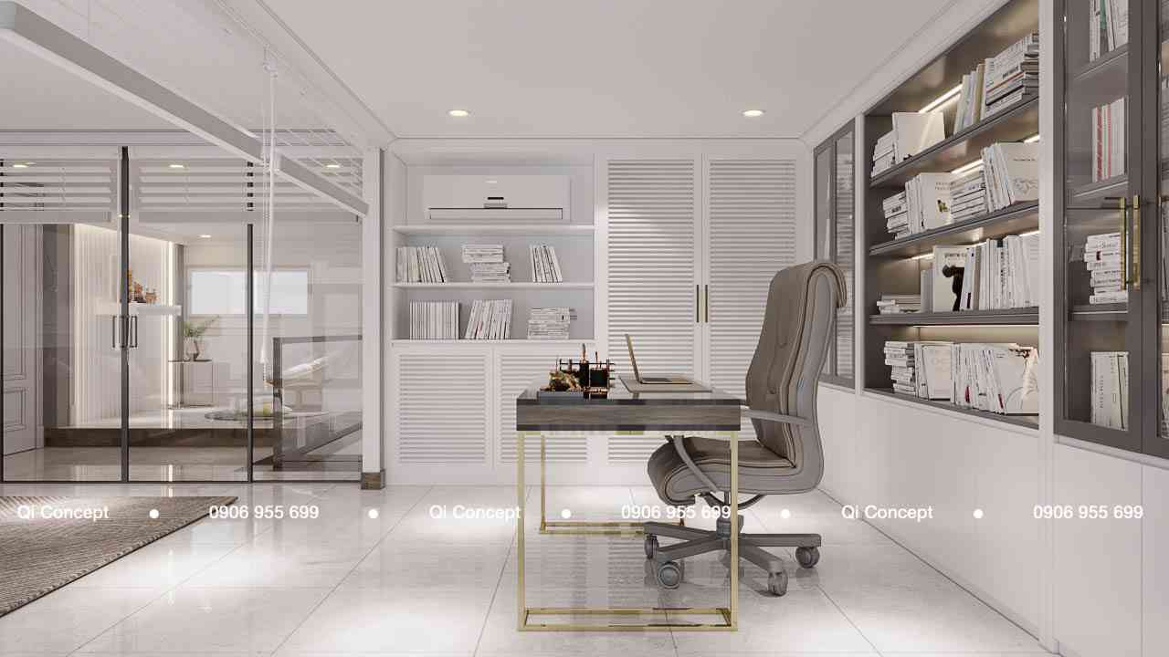 Hệ tủ tài liệu màu trắng âm tường tiện nghi trong phòng làm việc thiết kế căn hộ Phú Hoàng Anh.