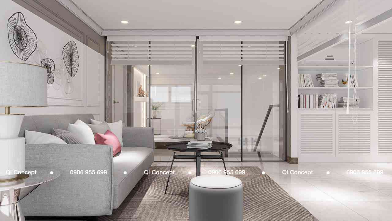 Khu vực thư giãn đọc sách ngăn cách bởi vách kính trong thiết kế căn hộ Phú Hoàng Anh.