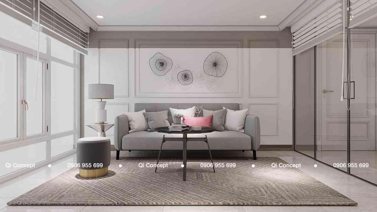 Không gian sinh hoạt chung bài trí tinh tế phong cách tân cổ điển trong thiết kế căn hộ Phú Hoàng Anh.