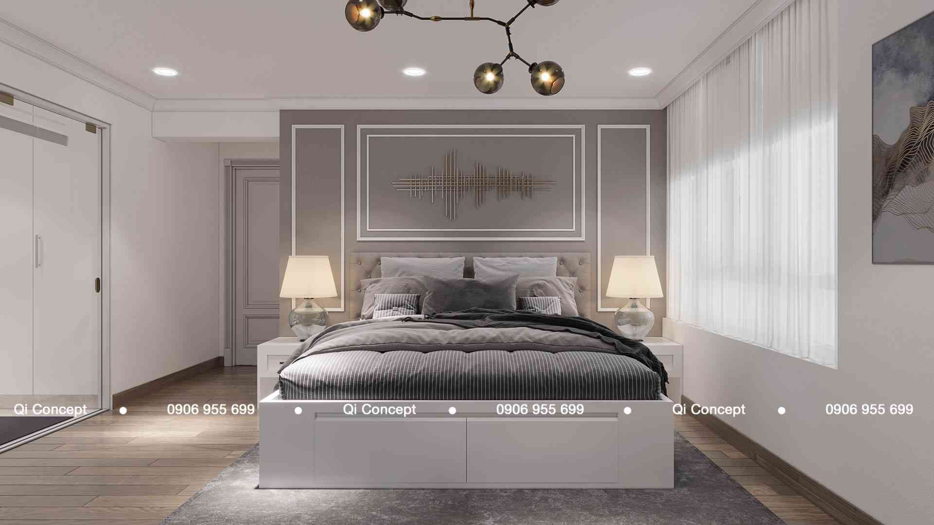 Giường ngủ tích hợp hộc kéo lưu trữ thông minh trong mẫu thiết kế căn hộ Phú Hoàng Anh.