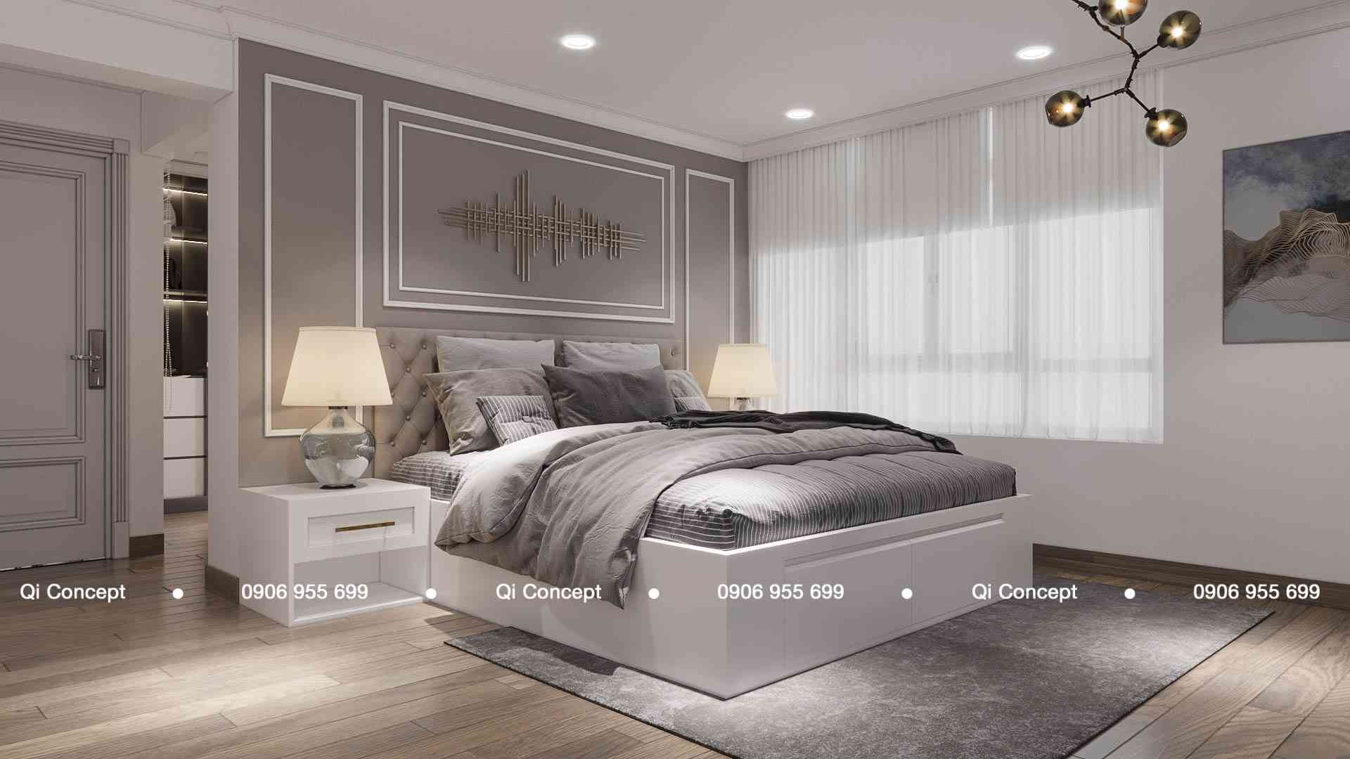 Giường ngủ master tông xám phối phào chỉ tường sang trọng trong thiết kế căn hộ Phú Hoàng Anh.