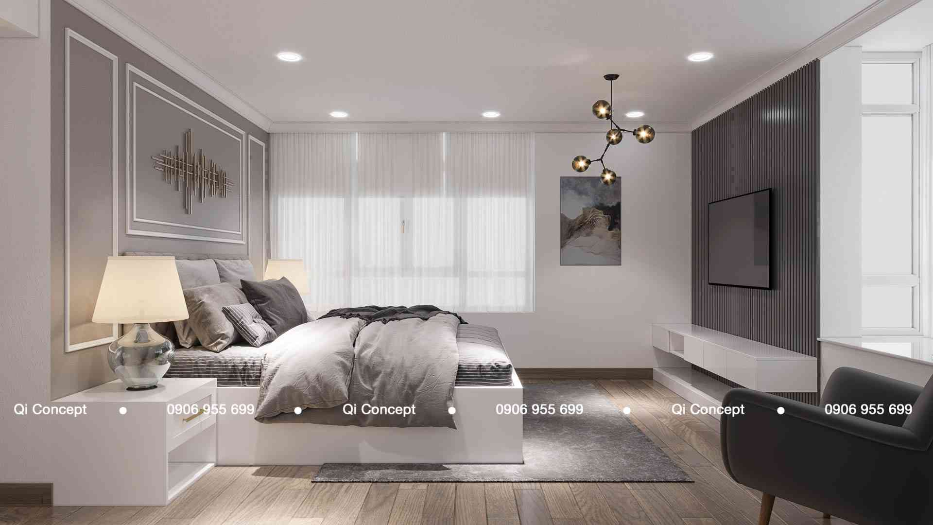 Tổng thể phòng ngủ master hiện đại với đèn thả trần độc đáo trong thiết kế căn hộ Phú Hoàng Anh.