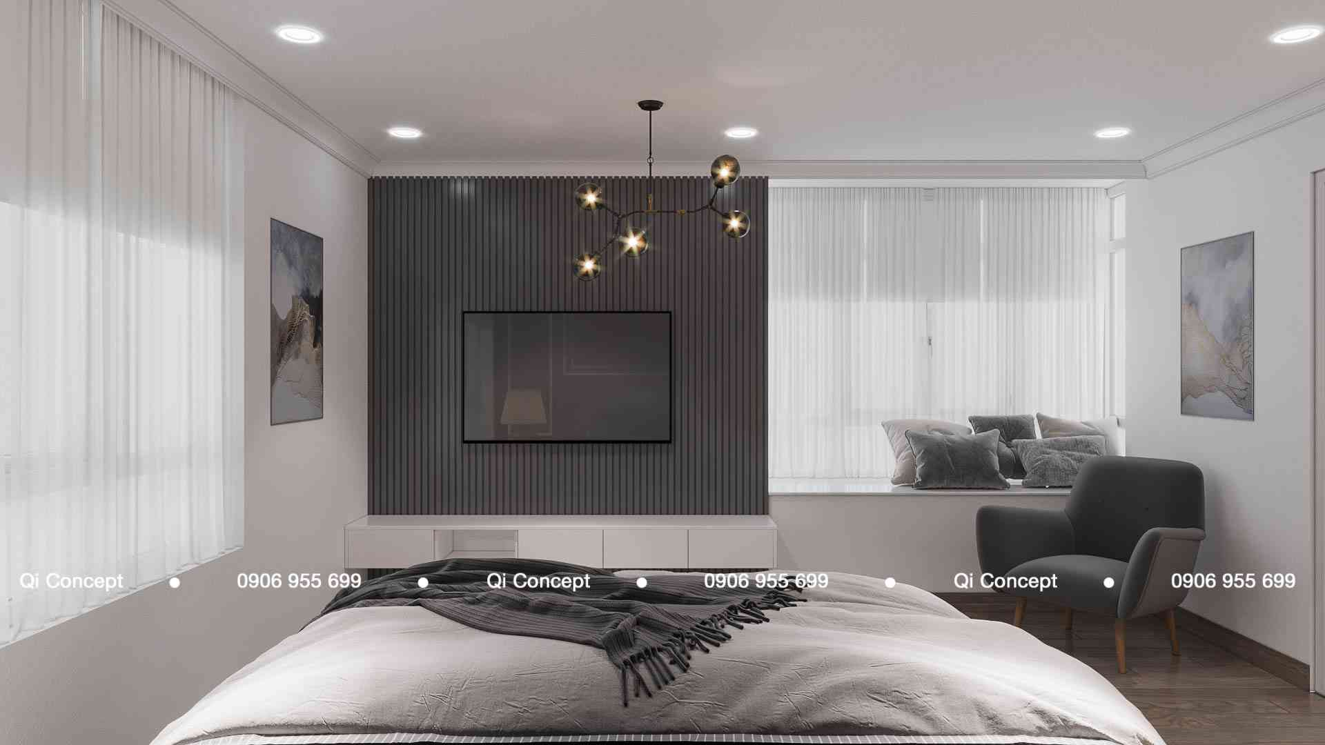 Vách tivi ốp lam gỗ đen và bục ngồi cửa sổ trong phòng ngủ thiết kế căn hộ Phú Hoàng Anh.