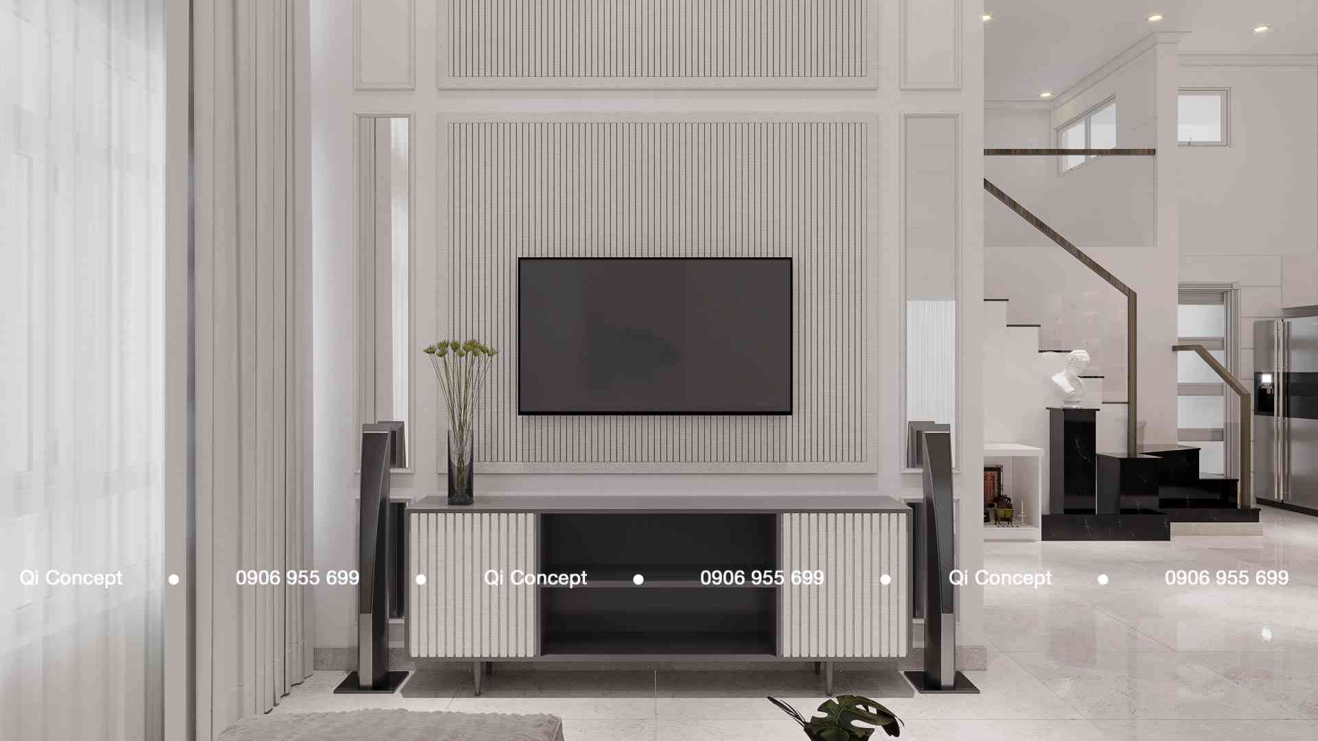 Vách tivi ốp vách lam và phào chỉ tinh tế của dự án thiết kế căn hộ Phú Hoàng Anh.