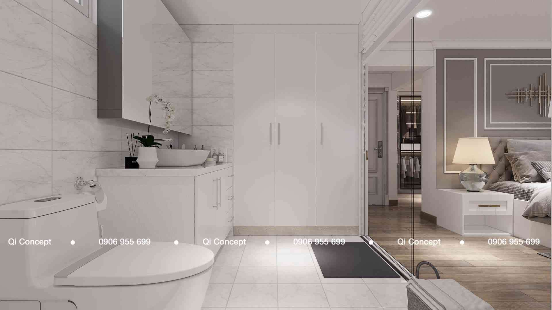 Hệ tủ quần áo âm tường màu trắng tinh tế tại lối đi thiết kế căn hộ Phú Hoàng Anh.