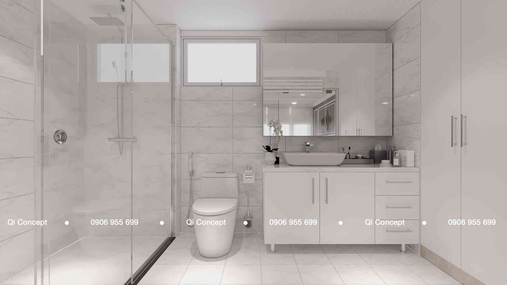 Phòng tắm vách kính ốp đá trắng sang trọng trong thiết kế căn hộ Phú Hoàng Anh.