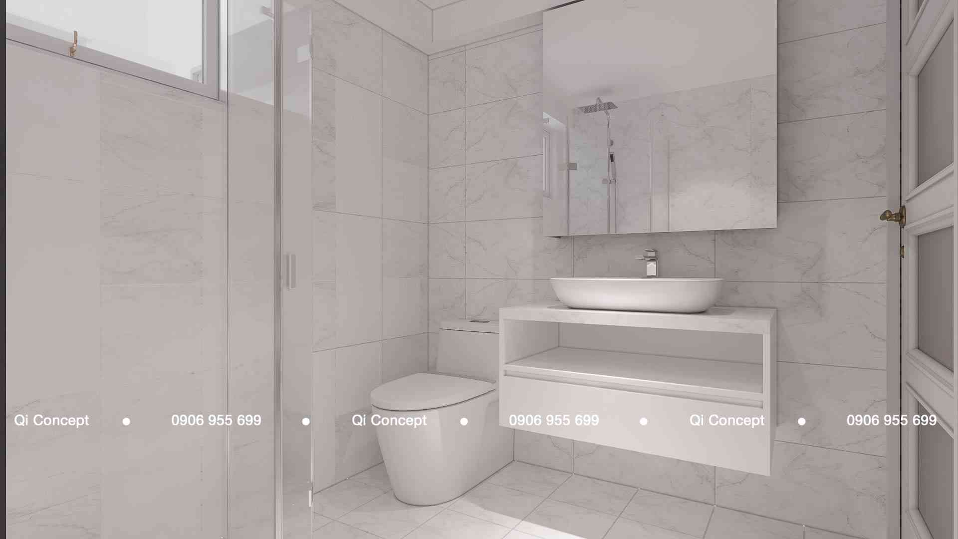 Lavabo đặt bàn hiện đại và tủ gương tiện nghi trong thiết kế căn hộ Phú Hoàng Anh.