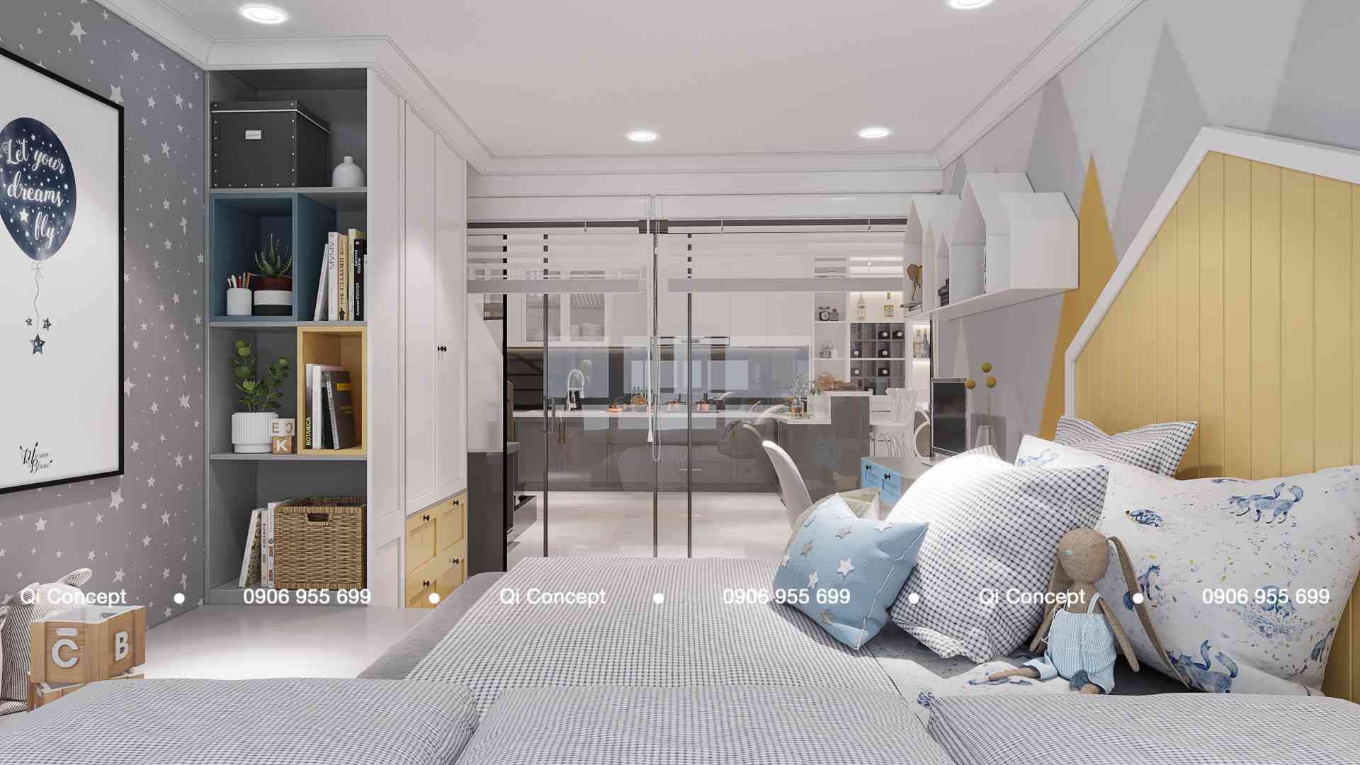 Phòng ngủ bé sử dụng vách kính cường lực trong suốt của mẫu thiết kế căn hộ Phú Hoàng Anh.