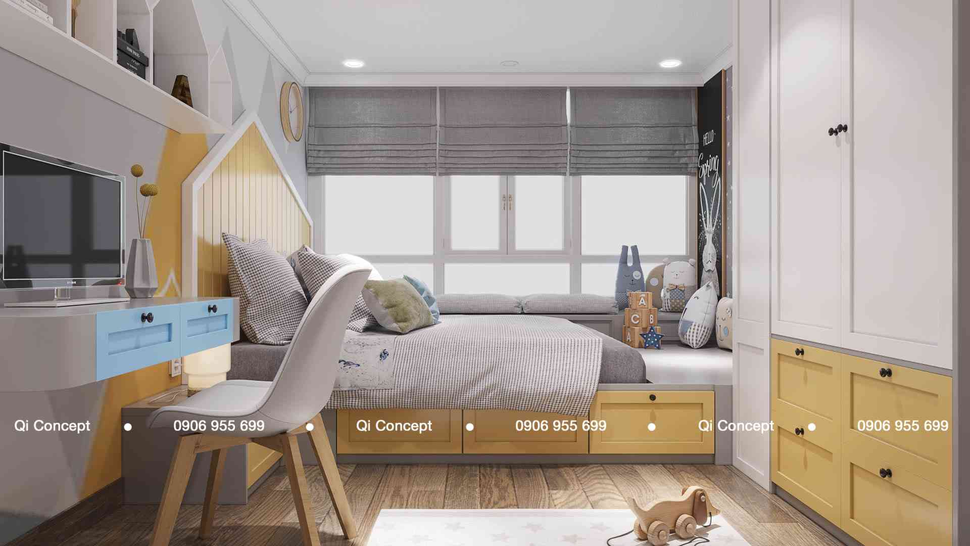 Bàn học liền kề giường ngủ giúp tối ưu công năng trong thiết kế căn hộ Phú Hoàng Anh.