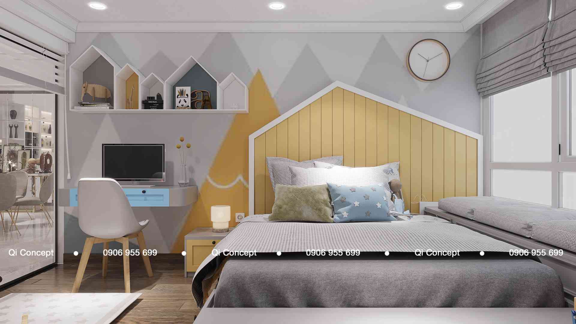 Phòng ngủ trẻ em màu vàng sinh động với đầu giường hình ngôi nhà trong thiết kế căn hộ Phú Hoàng Anh.