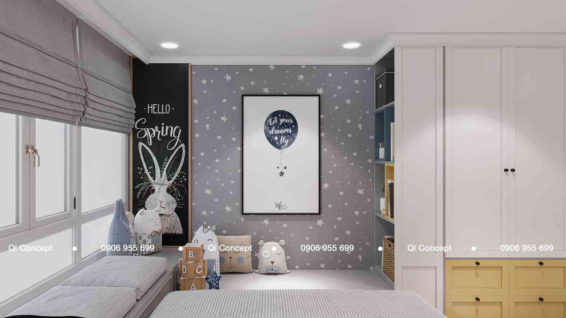 Bục ngồi cửa sổ thư giãn và giấy dán tường họa tiết trong phòng ngủ bé thiết kế căn hộ Phú Hoàng Anh.