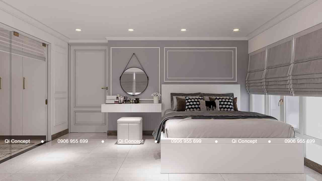 Góc bàn trang điểm treo tường kết hợp gương tròn dây da trong thiết kế căn hộ Phú Hoàng Anh.